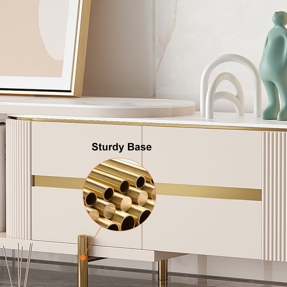 HMR - Mytures Off White Oval Retractable Sintered Stone TV Stand Media Console with 4 Drawers