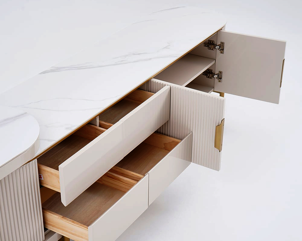 HMR - Mytures Off White Oval Retractable Sintered Stone TV Stand Media Console with 4 Drawers