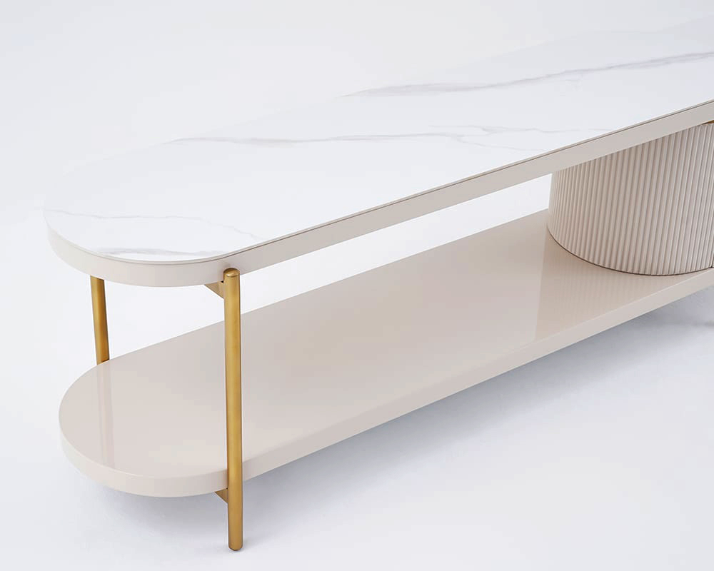 HMR - Mytures Off White Oval Retractable Sintered Stone TV Stand Media Console with 4 Drawers