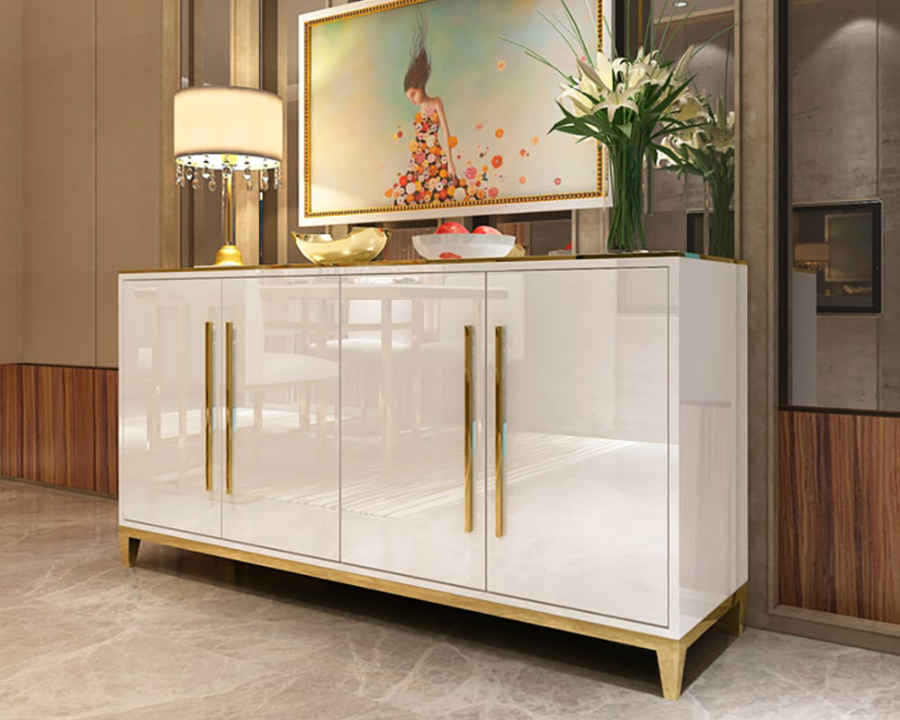 HMR - 59" Rectangle Sideboard Buffet Tempered Glass Top Cabinet 4 Doors & 2 Shelves