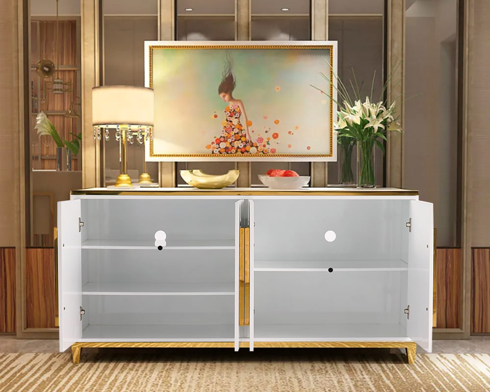 HMR - 59" Rectangle Sideboard Buffet Tempered Glass Top Cabinet 4 Doors & 2 Shelves