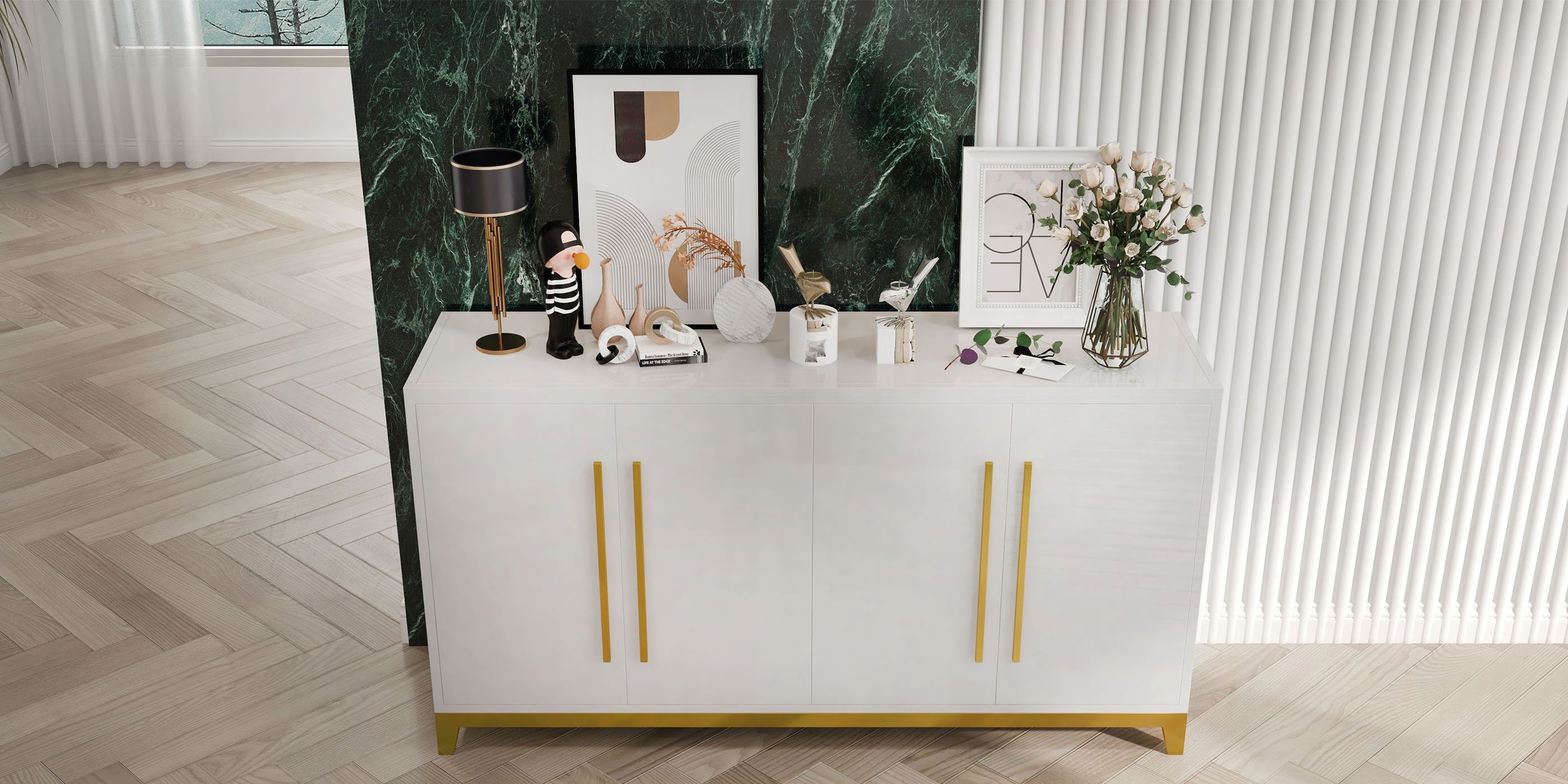 HMR - 59" Rectangle Sideboard Buffet Tempered Glass Top Cabinet 4 Doors & 2 Shelves