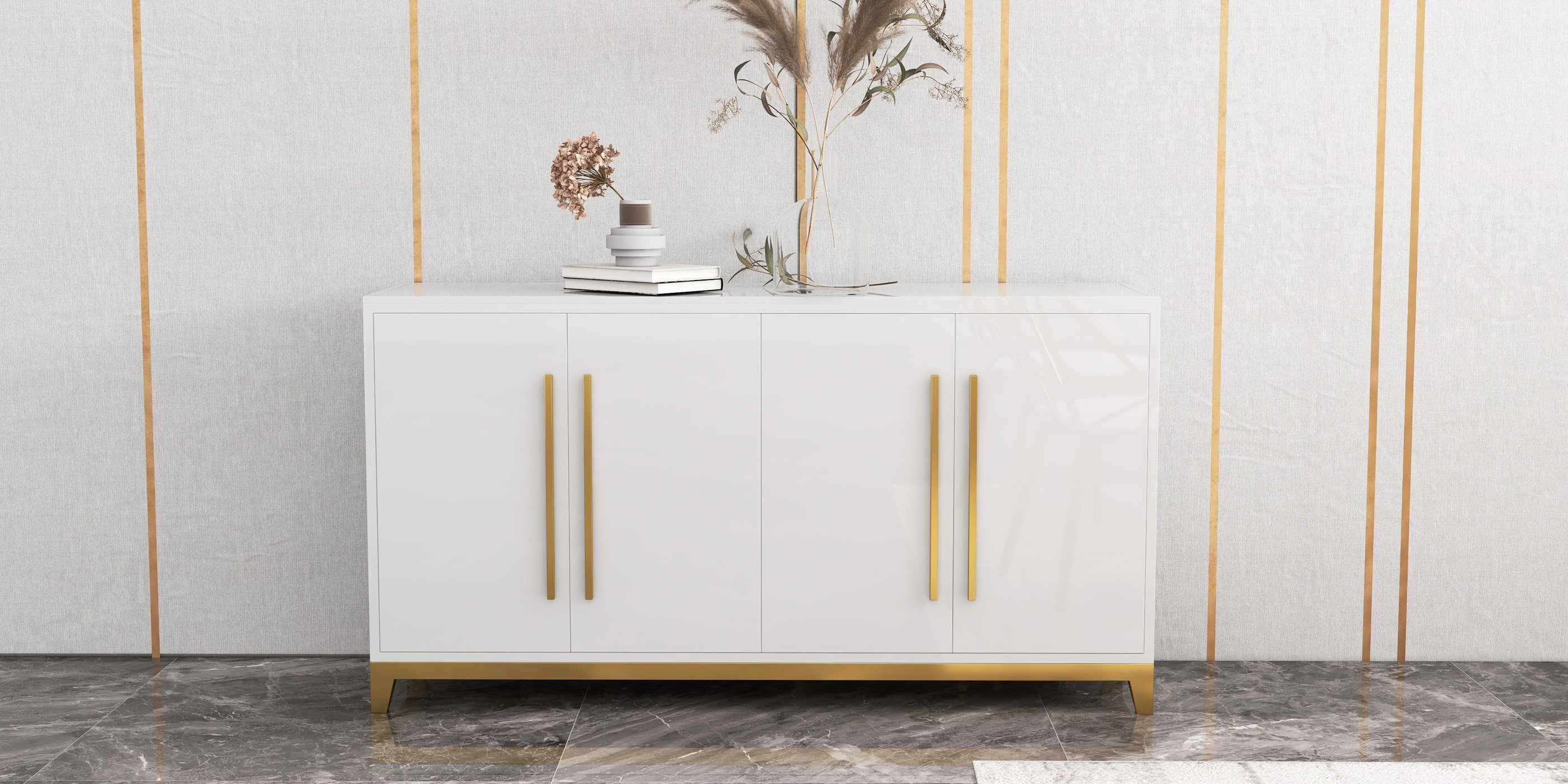HMR - 59" Rectangle Sideboard Buffet Tempered Glass Top Cabinet 4 Doors & 2 Shelves