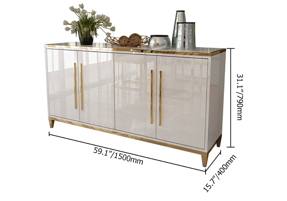 HMR - 59" Rectangle Sideboard Buffet Tempered Glass Top Cabinet 4 Doors & 2 Shelves