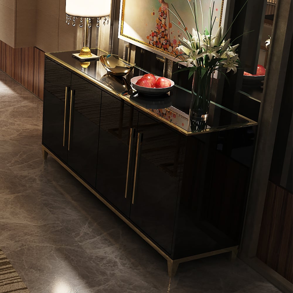 HMR 59" Rectangle Sideboard Buffet Tempered Glass Top Cabinet 4 Doors & 2 Shelves - Black