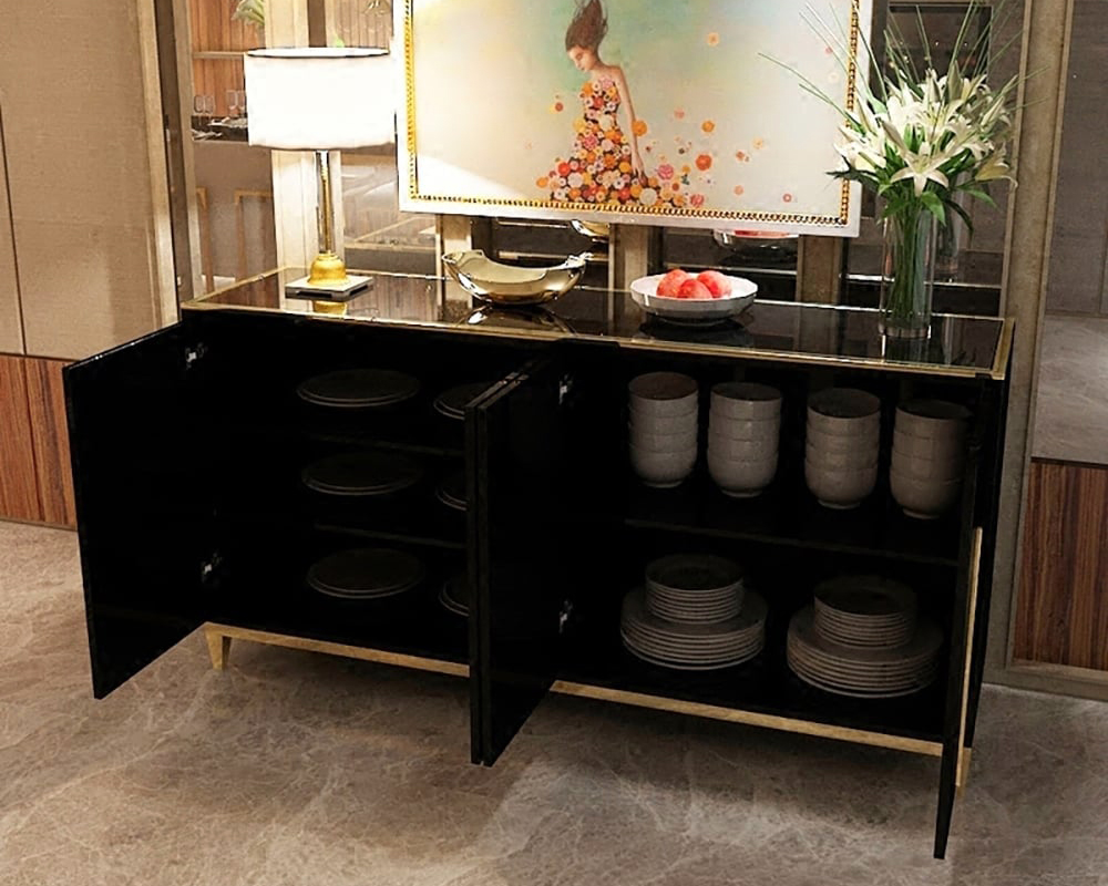 HMR 59" Rectangle Sideboard Buffet Tempered Glass Top Cabinet 4 Doors & 2 Shelves - Black