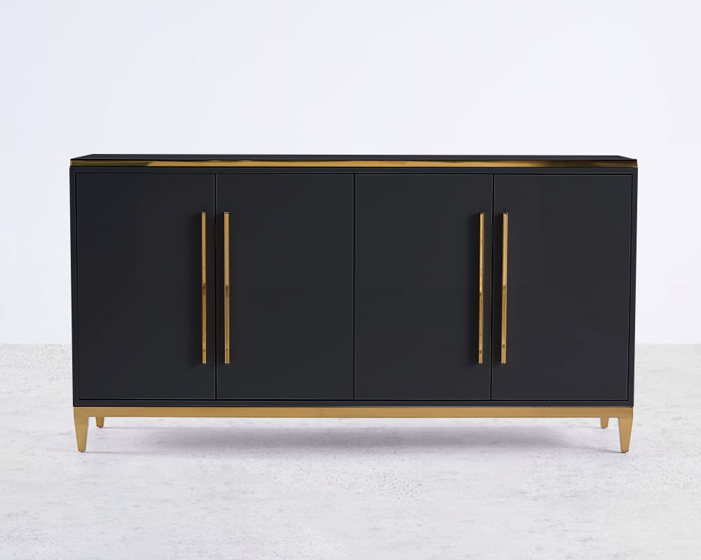 HMR 59" Rectangle Sideboard Buffet Tempered Glass Top Cabinet 4 Doors & 2 Shelves - Black