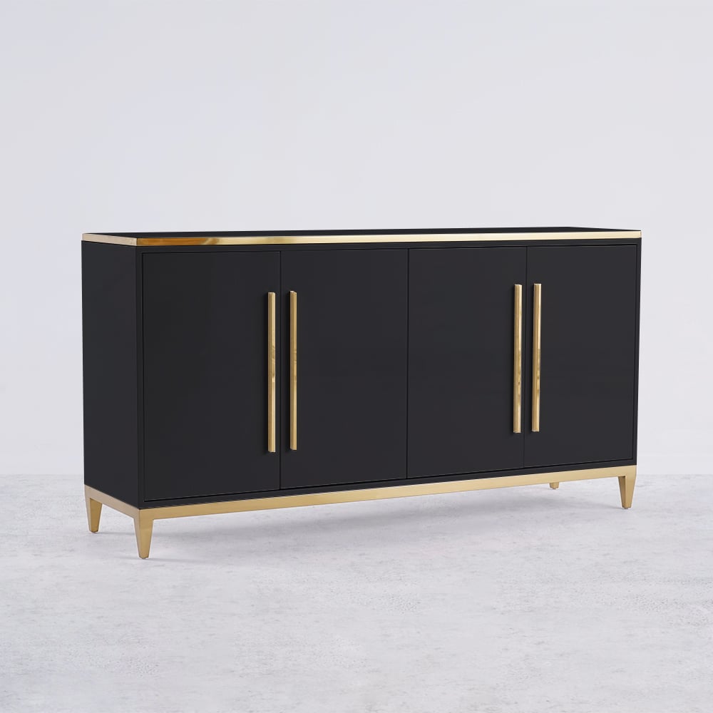 HMR 59" Rectangle Sideboard Buffet Tempered Glass Top Cabinet 4 Doors & 2 Shelves - Black