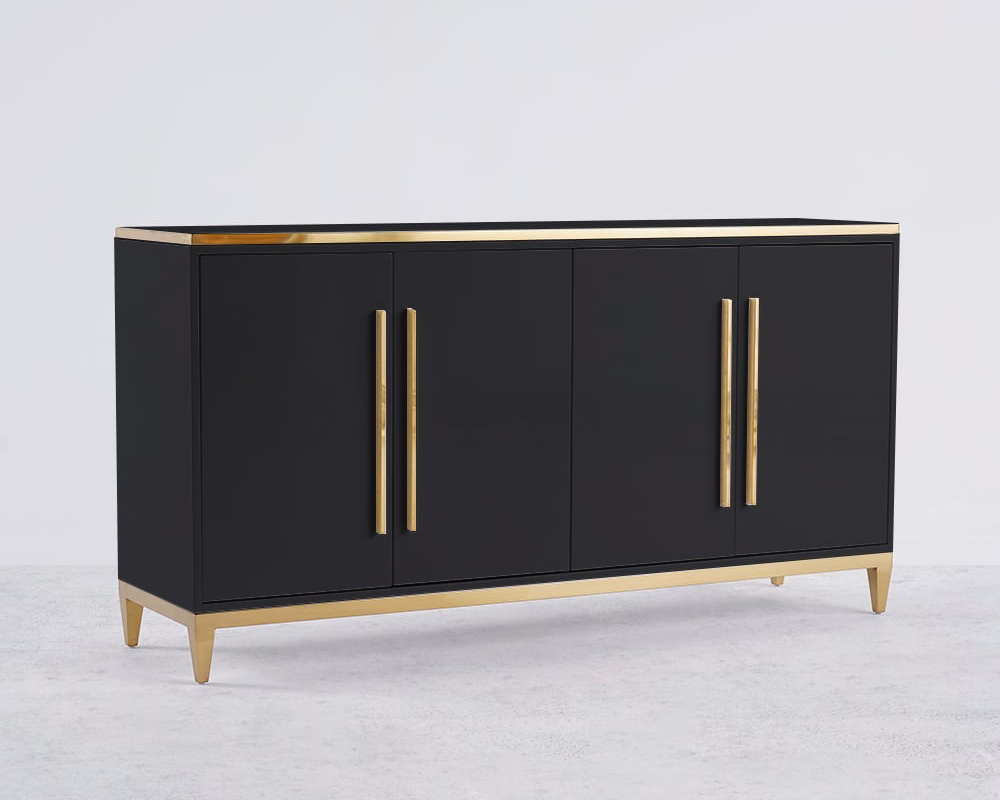HMR 59" Rectangle Sideboard Buffet Tempered Glass Top Cabinet 4 Doors & 2 Shelves - Black