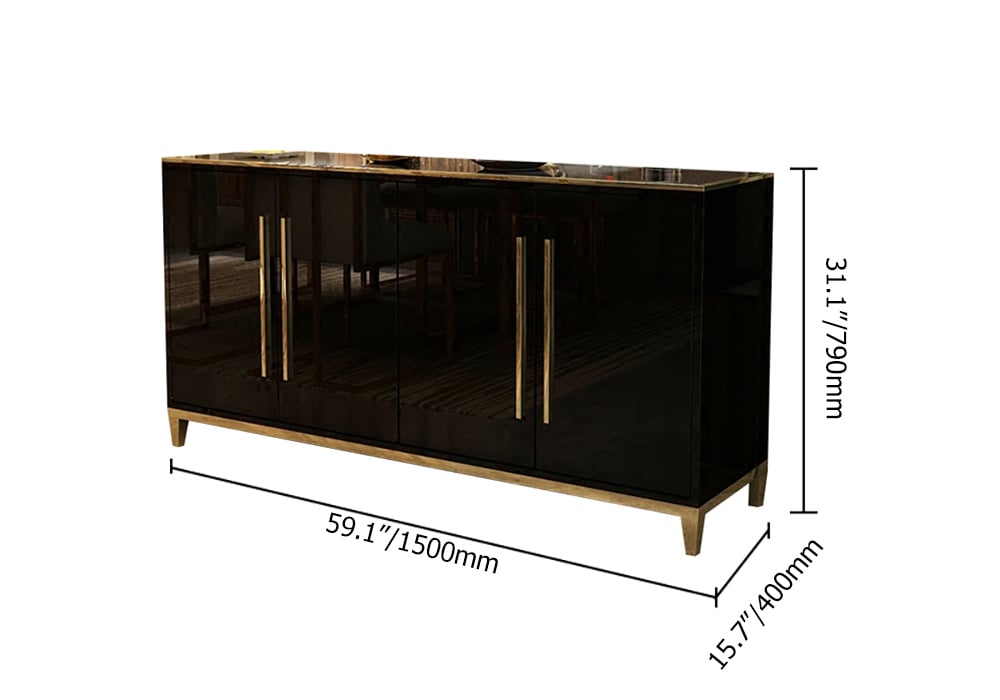 HMR 59" Rectangle Sideboard Buffet Tempered Glass Top Cabinet 4 Doors & 2 Shelves - Black