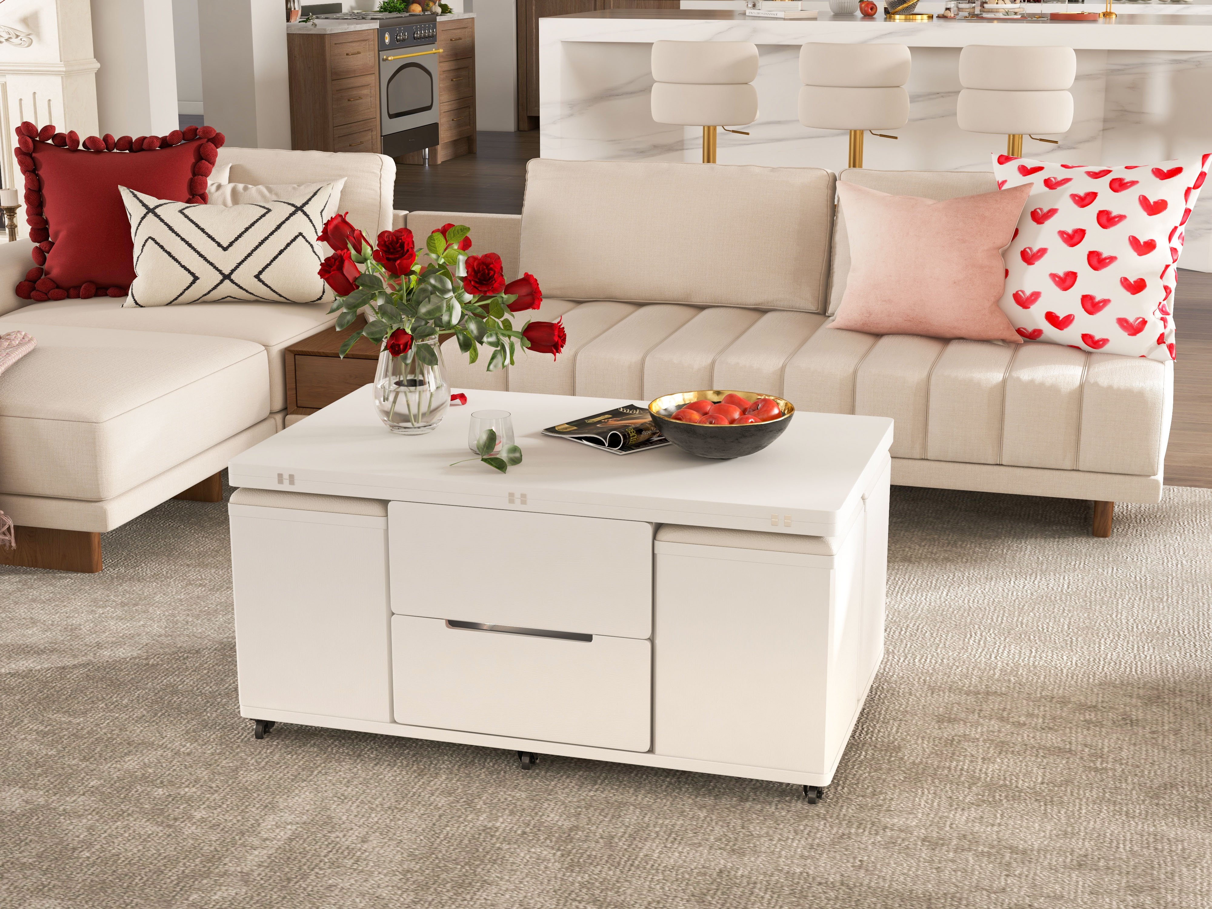 HMR 126" L-Shaped Modular Sectional with Chaise & Ottoman - Off-White, Linen