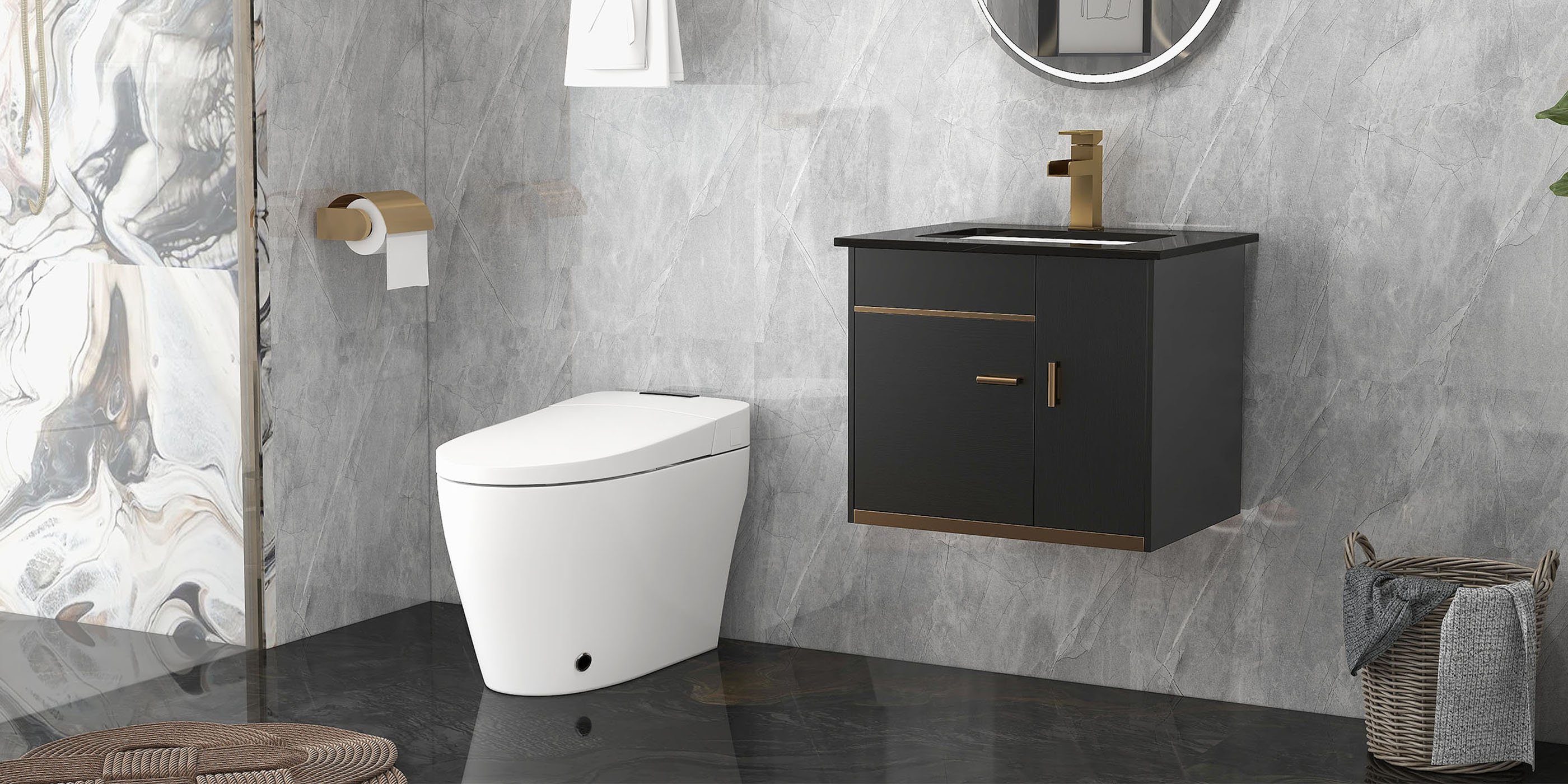HMR - Bathroom Vanity Set 23.6" Modern Floating Sintered Stone Bathroom Vanity Black with Sink