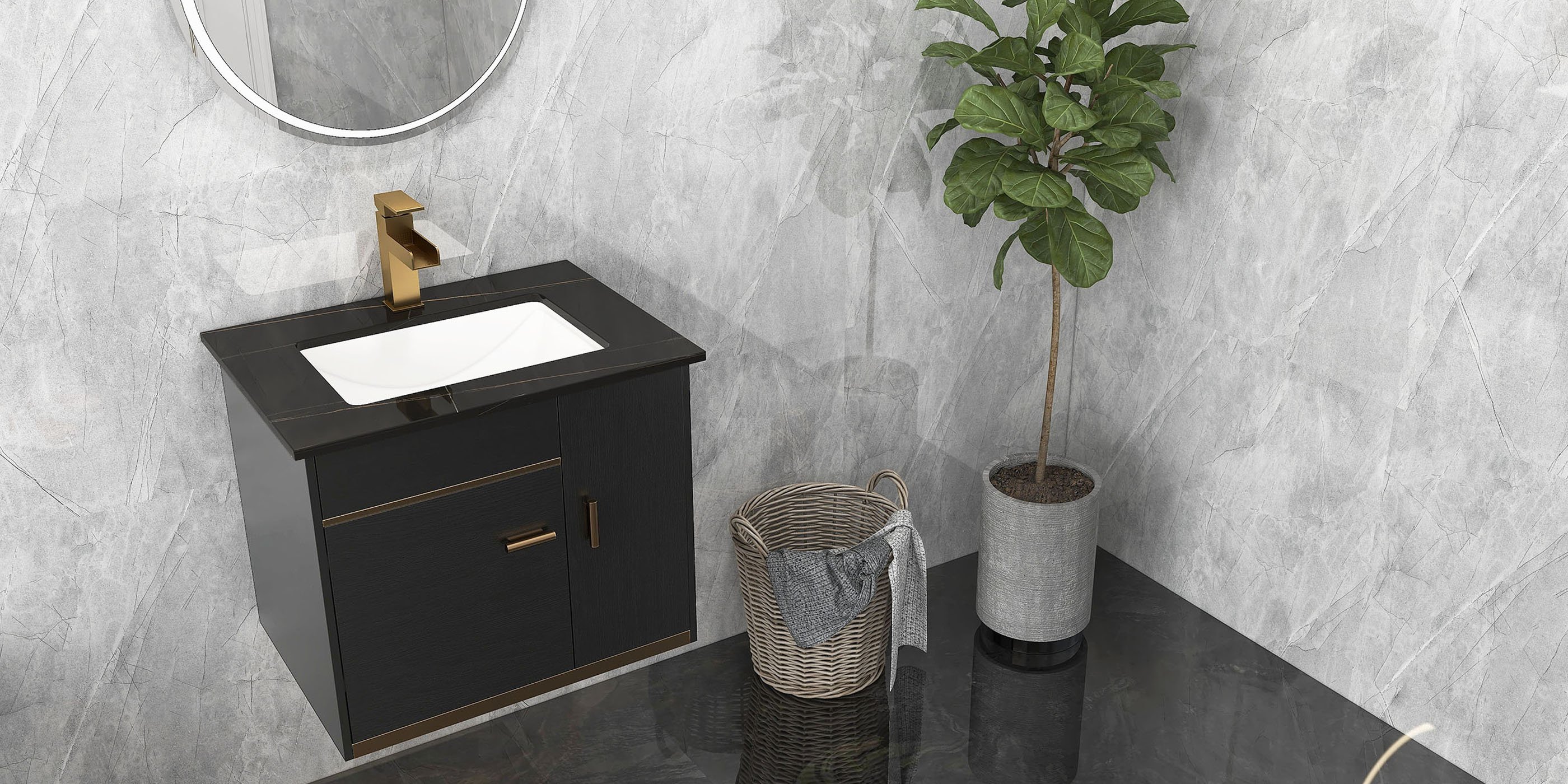 HMR - Bathroom Vanity Set 23.6" Modern Floating Sintered Stone Bathroom Vanity Black with Sink