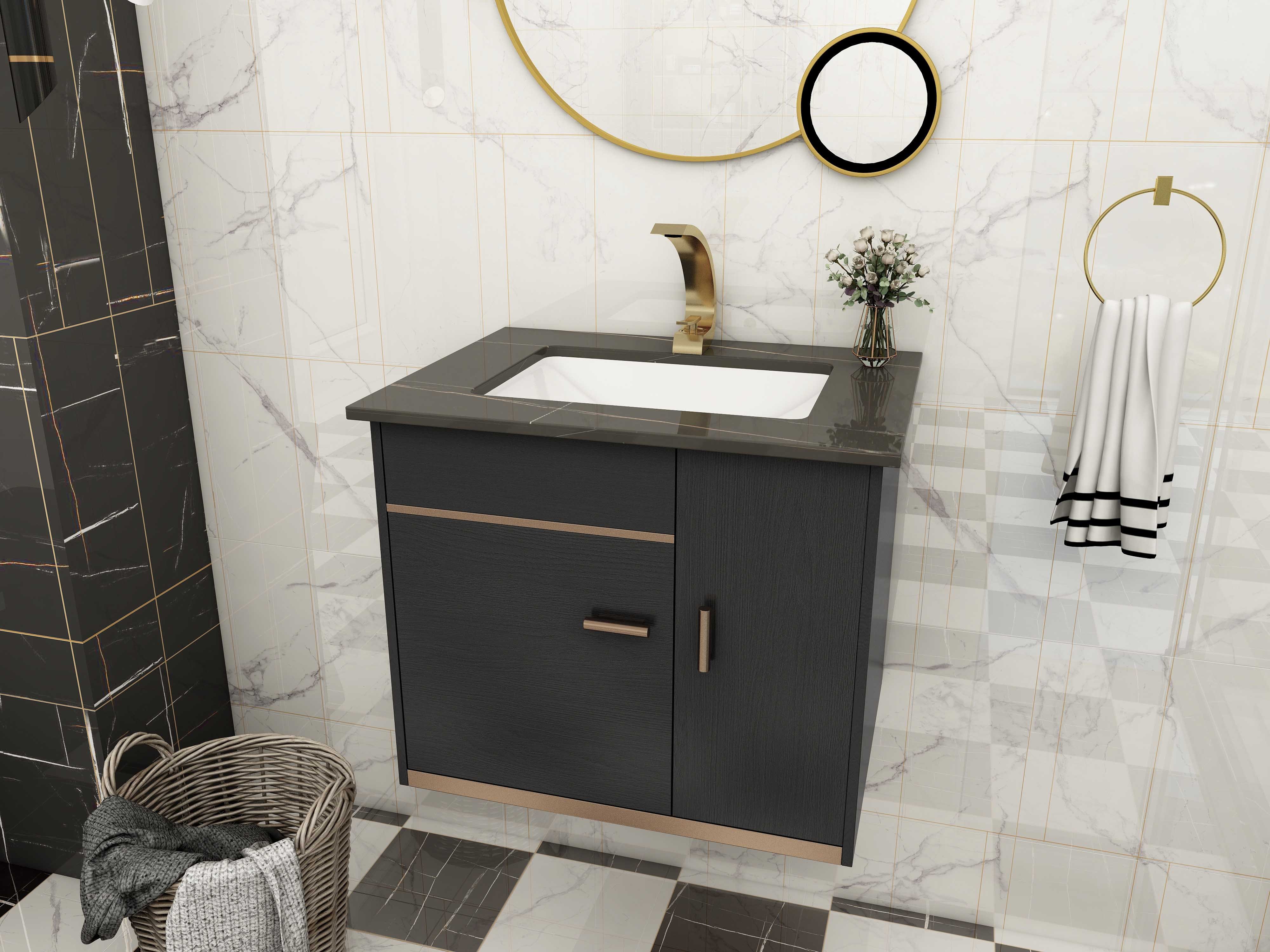 HMR - Bathroom Vanity Set 23.6" Modern Floating Sintered Stone Bathroom Vanity Black with Sink