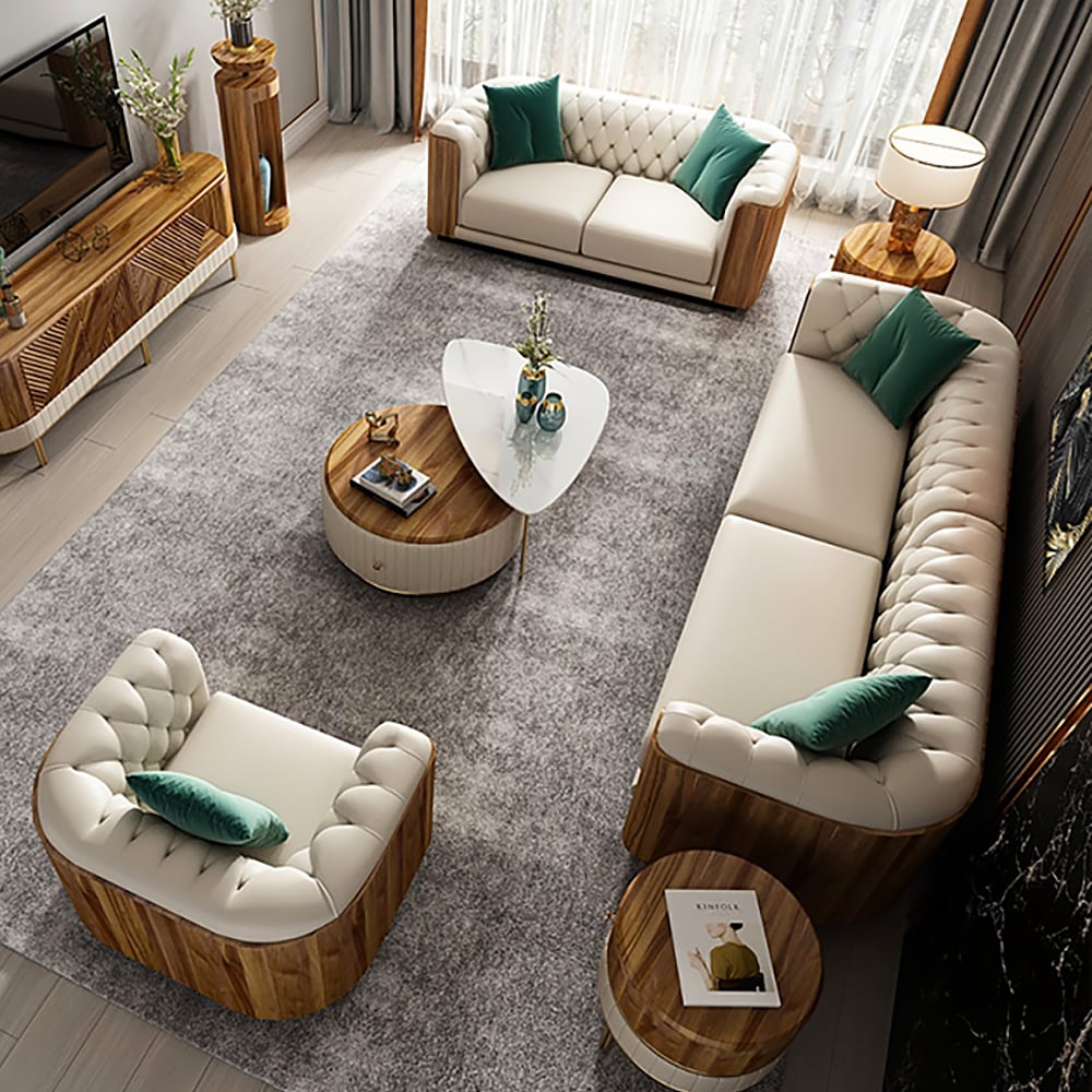 HMR - Wovent Modern Beige Faux Leather Tufted Sofa & Loveseat Living Room Set of 3