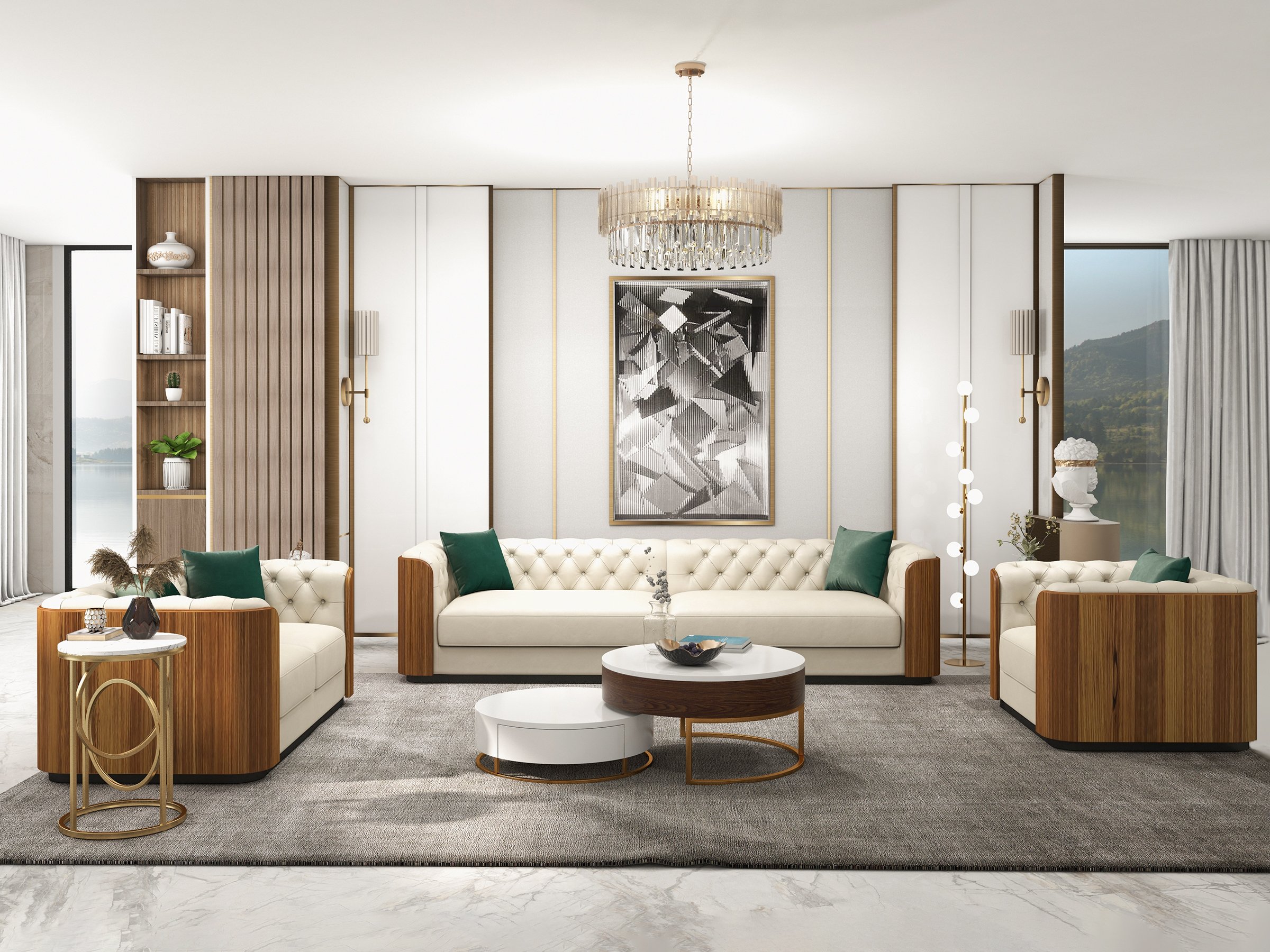 HMR - Wovent Modern Beige Faux Leather Tufted Sofa & Loveseat Living Room Set of 3