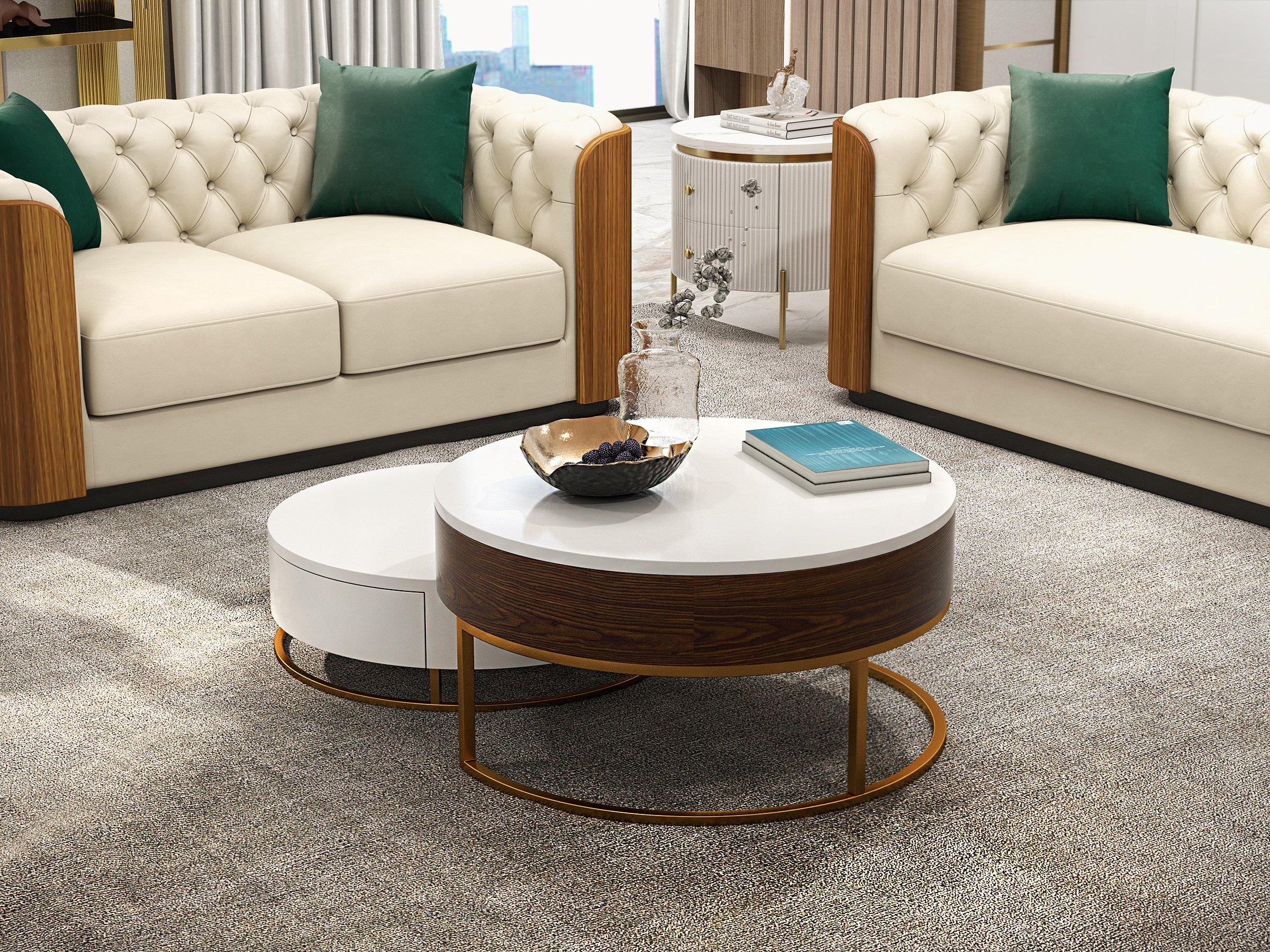 HMR - Wovent Modern Beige Faux Leather Tufted Sofa & Loveseat Living Room Set of 3