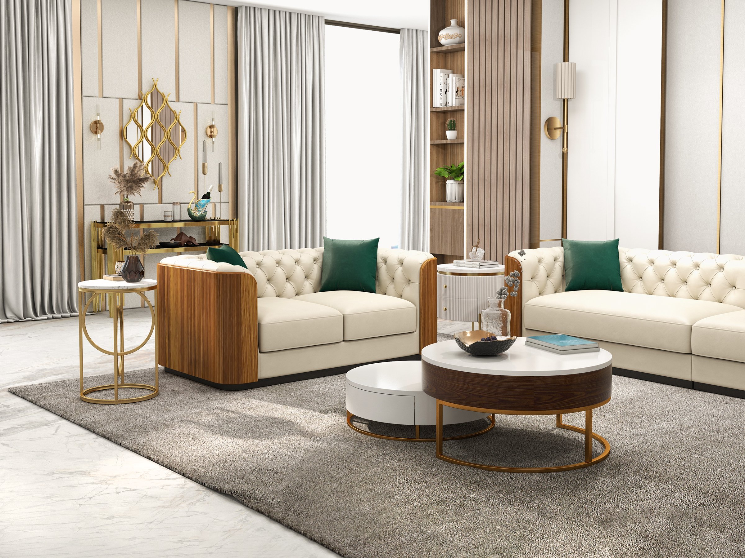 HMR - Wovent Modern Beige Faux Leather Tufted Sofa & Loveseat Living Room Set of 3