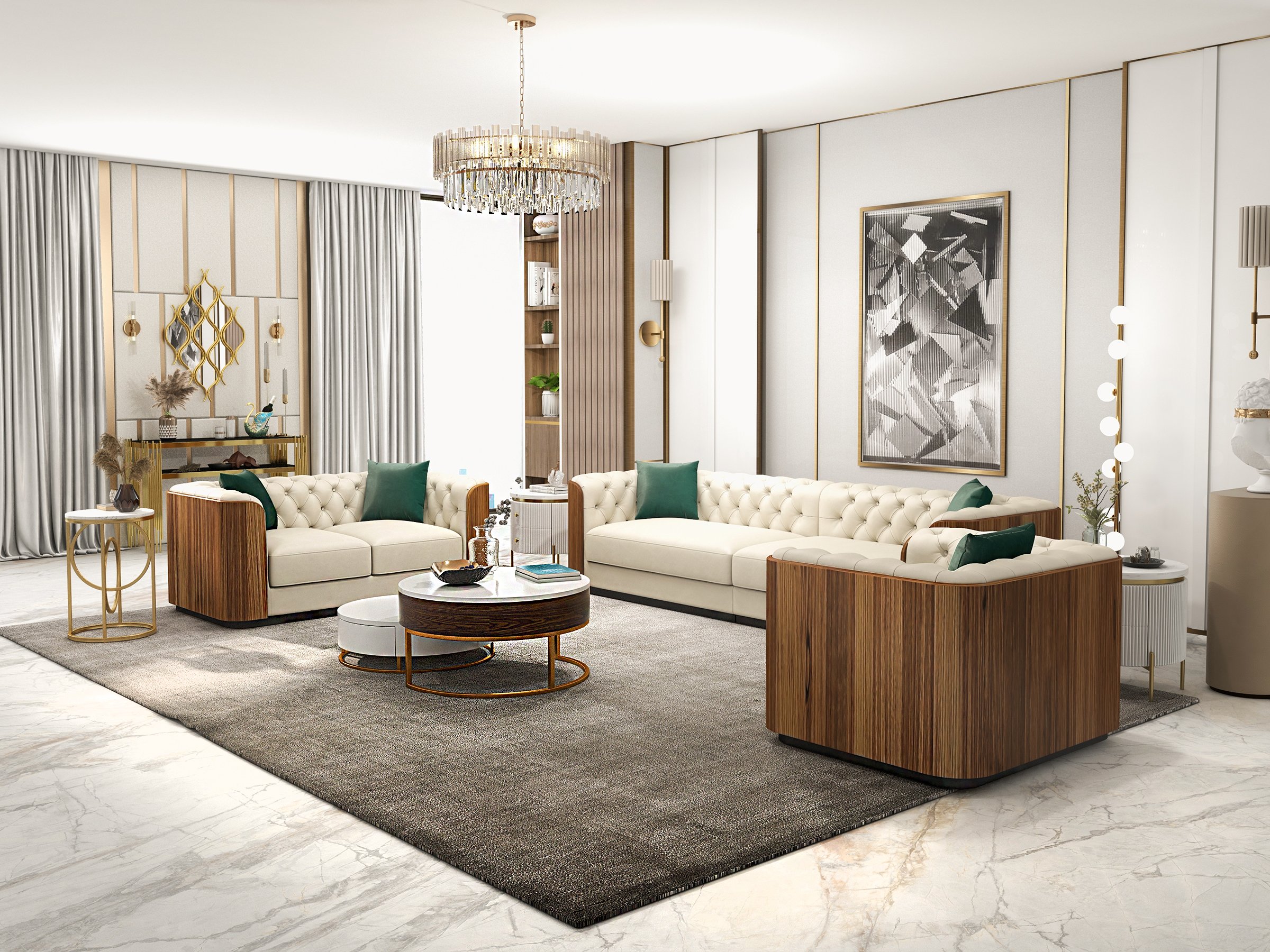 HMR - Wovent Modern Beige Faux Leather Tufted Sofa & Loveseat Living Room Set of 3