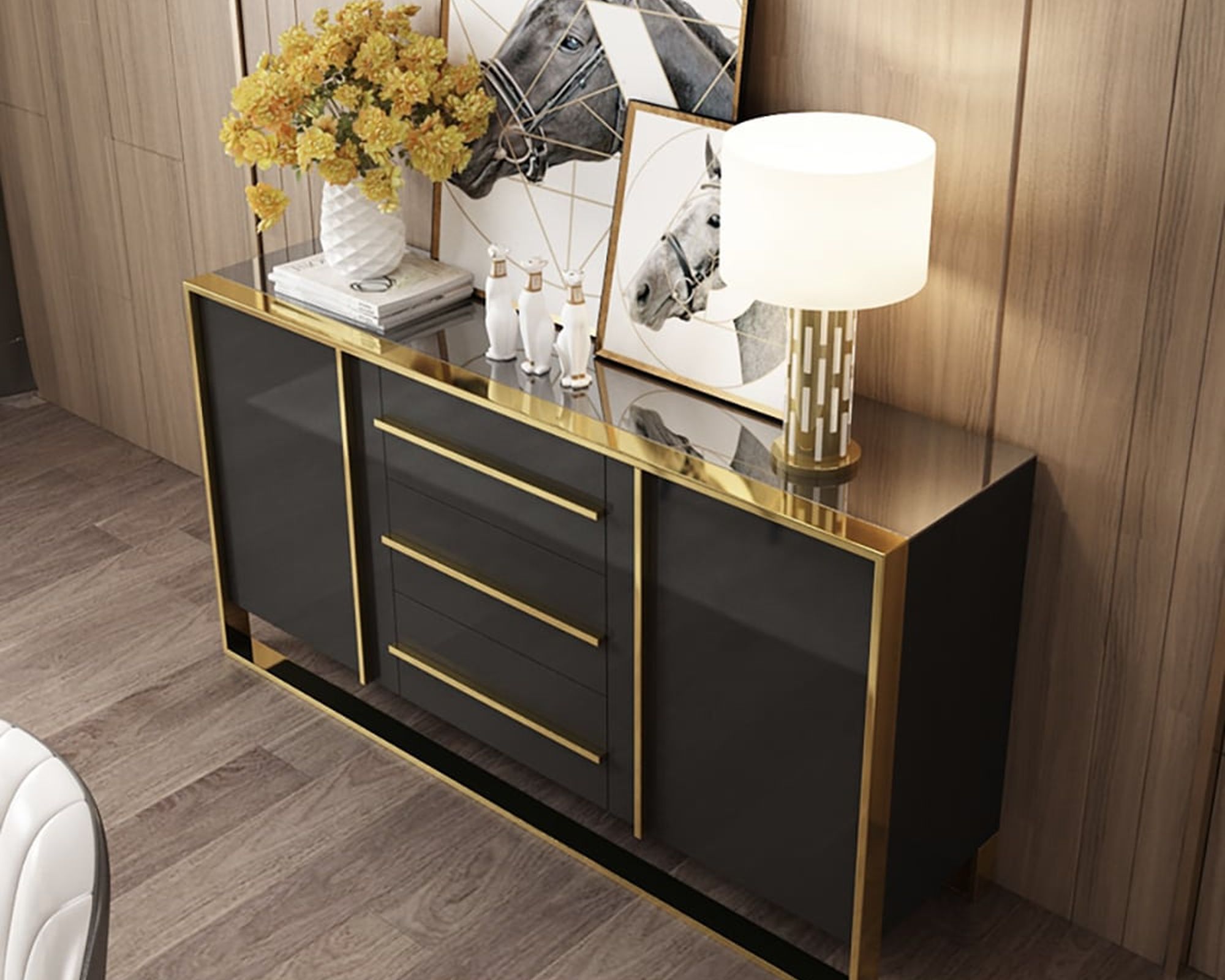 HMR Cylina Series 59.1" Modern Wood Buffet & Sideboard with 3 Drawers & 2 Doors - Black