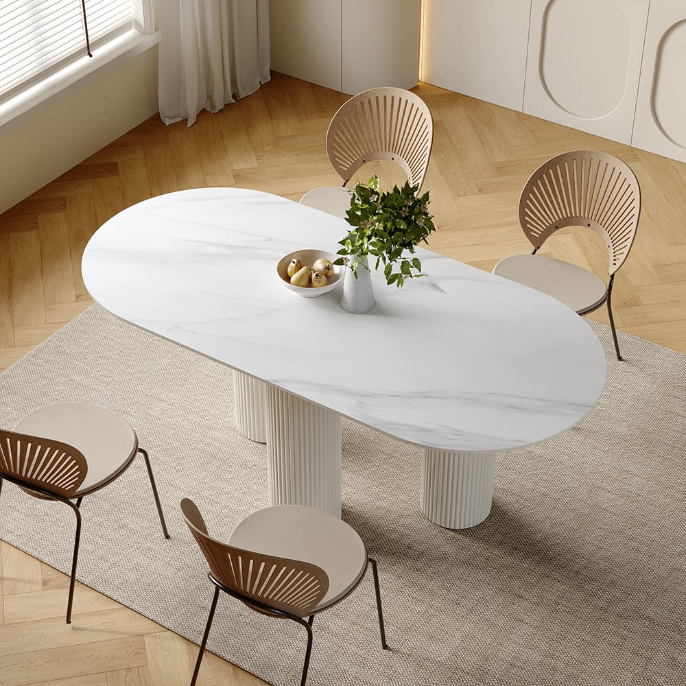 HMR Modern Round Sintered Stone Dining Table - White, 55.1"L x 29.5"W x 29.5"H