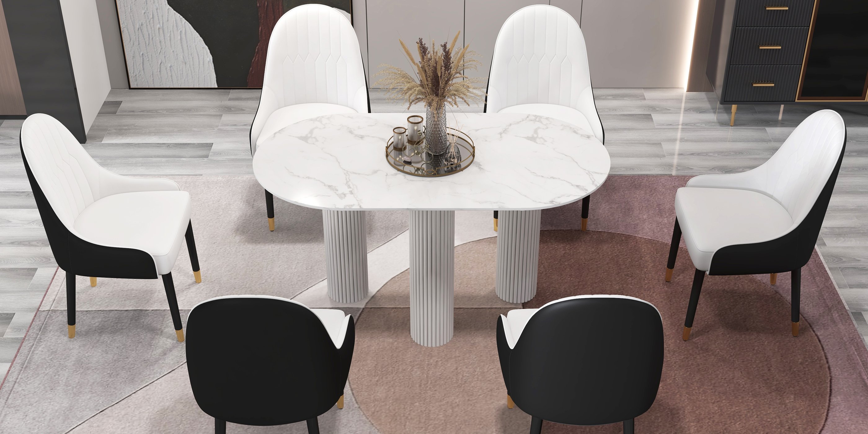 HMR Modern Round Sintered Stone Dining Table - White, 55.1"L x 29.5"W x 29.5"H