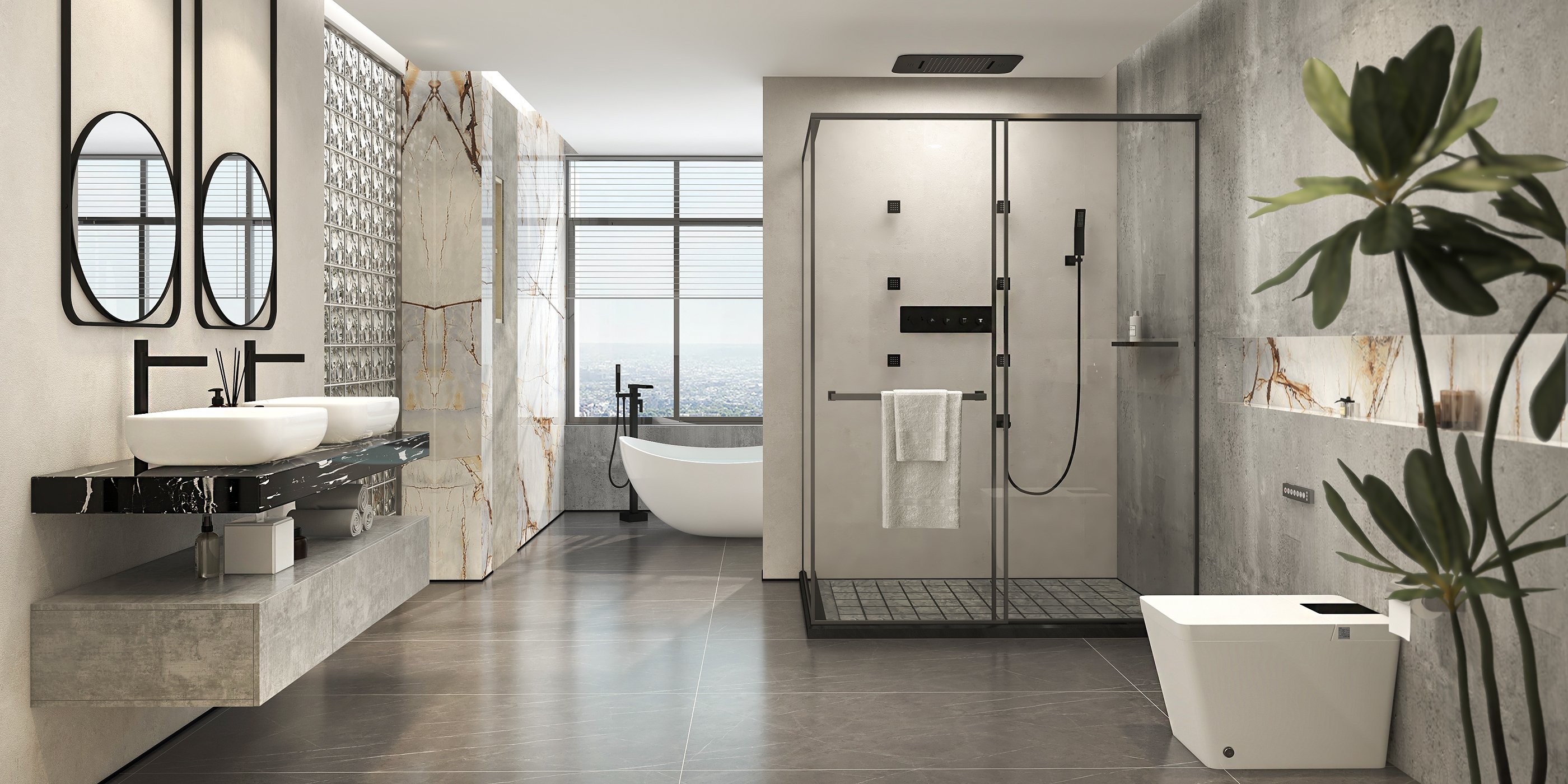 HMR Wall-Mounted 23" Thermostatic Shower System 4 Functions - Black