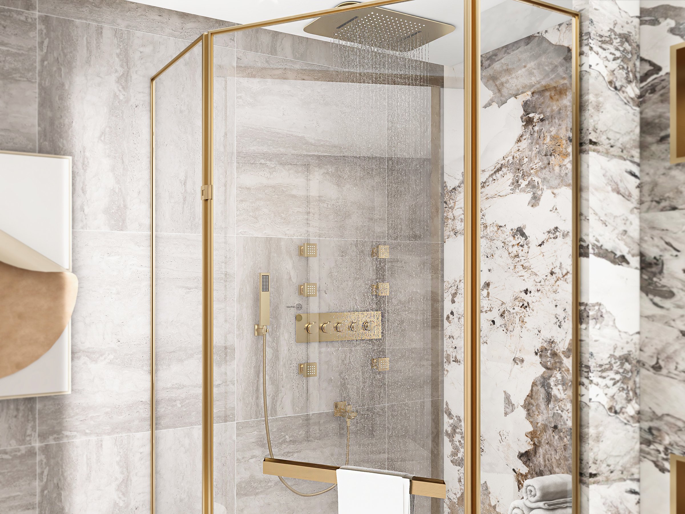 HMR Wall-Mounted 23" Thermostatic Shower System 4 Functions - Gold