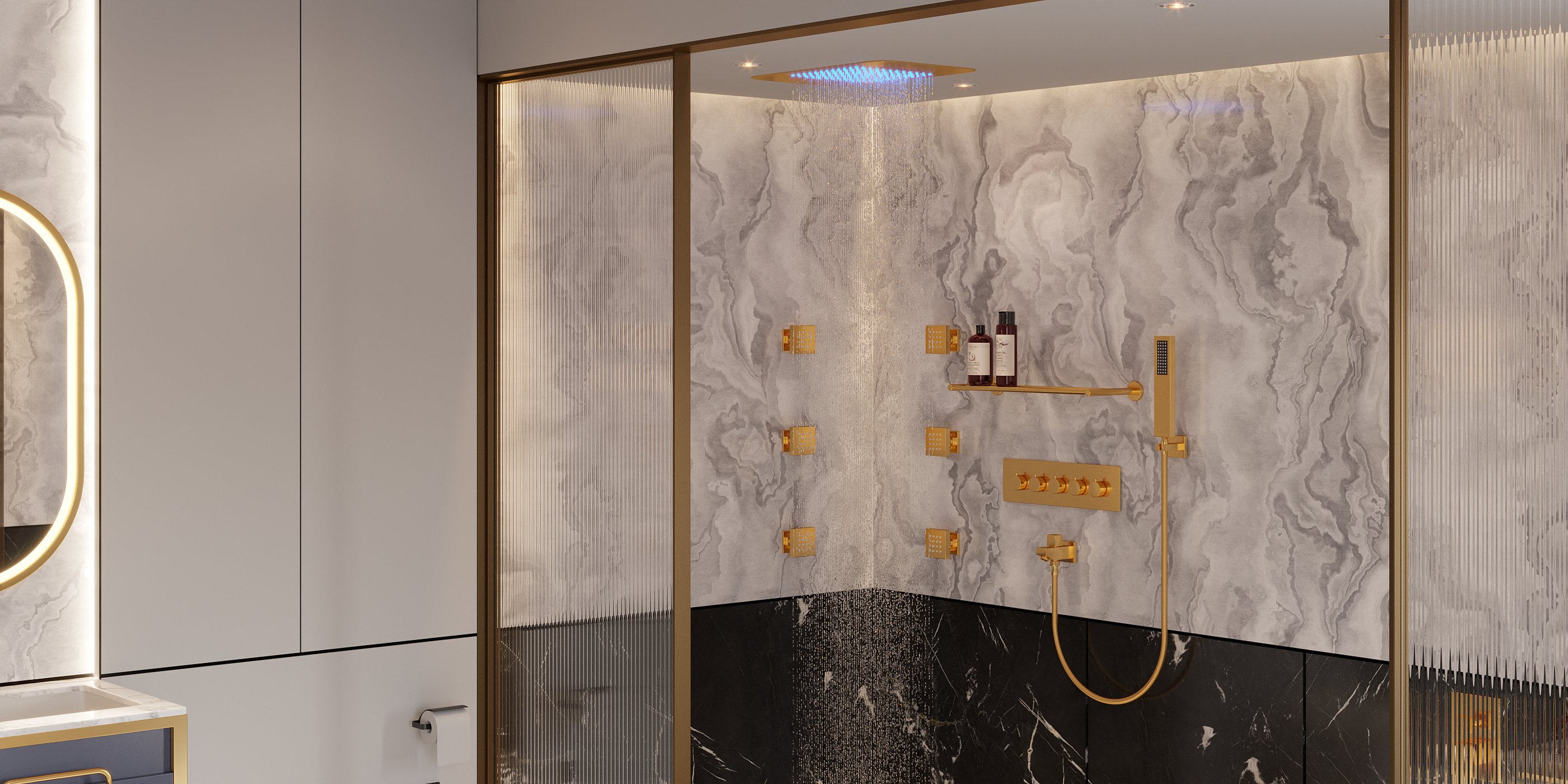 HMR Wall-Mounted 23" Thermostatic Shower System 4 Functions - Gold