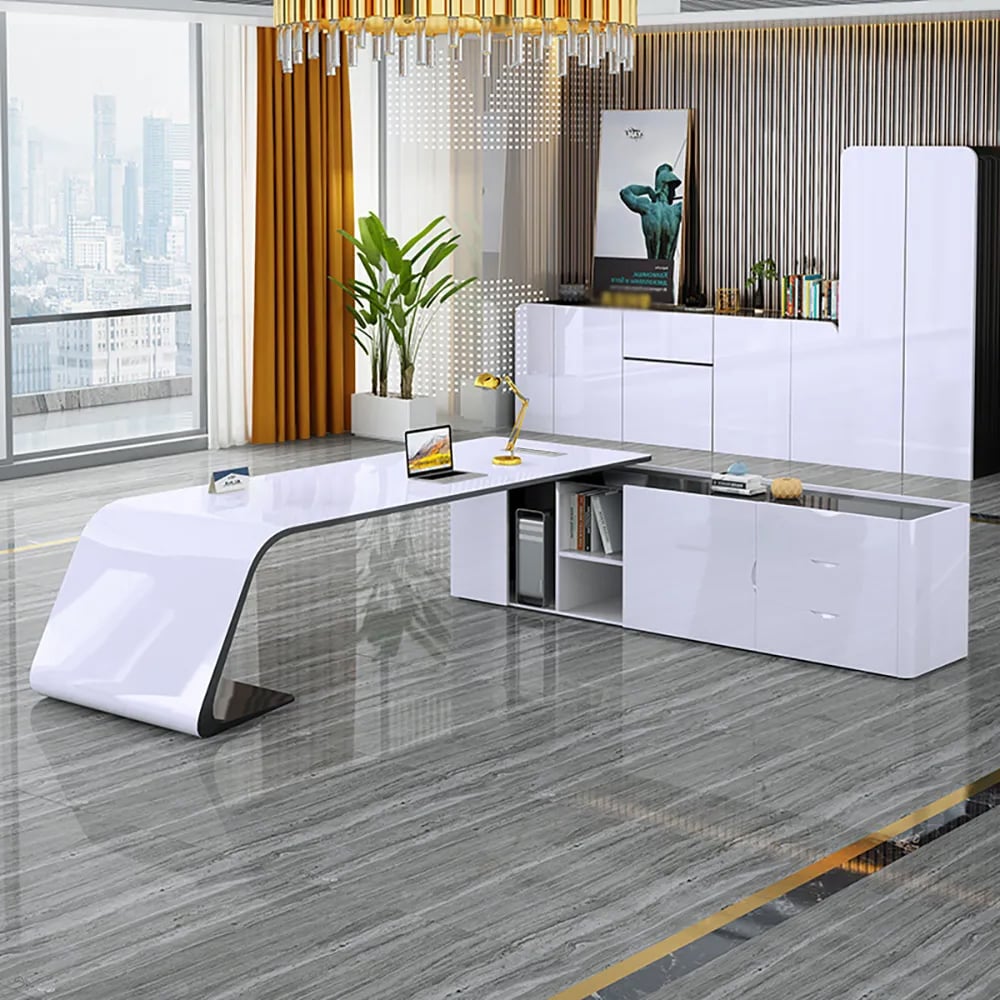 HMR L-Shaped Modern White Office Desk with Storage - Right Hand, 102.4"