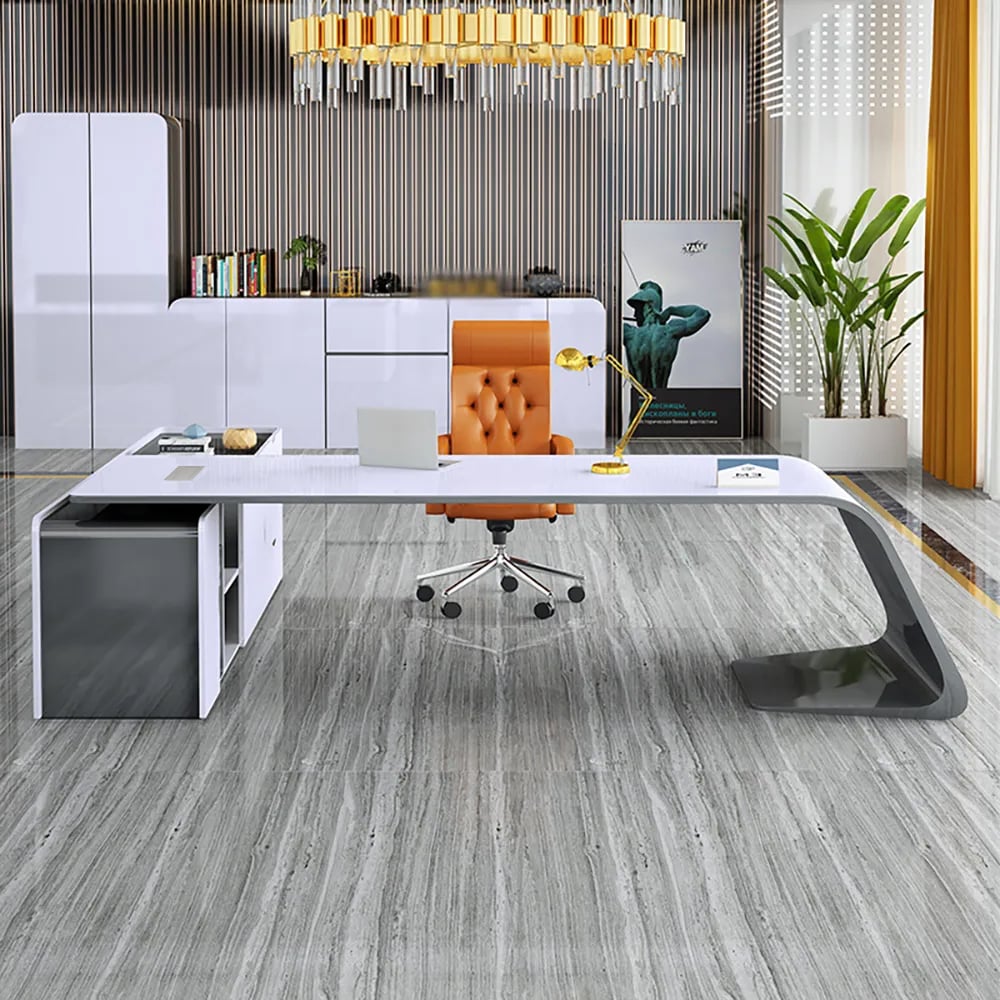 HMR L-Shaped Modern White Office Desk with Storage - Right Hand, 102.4"