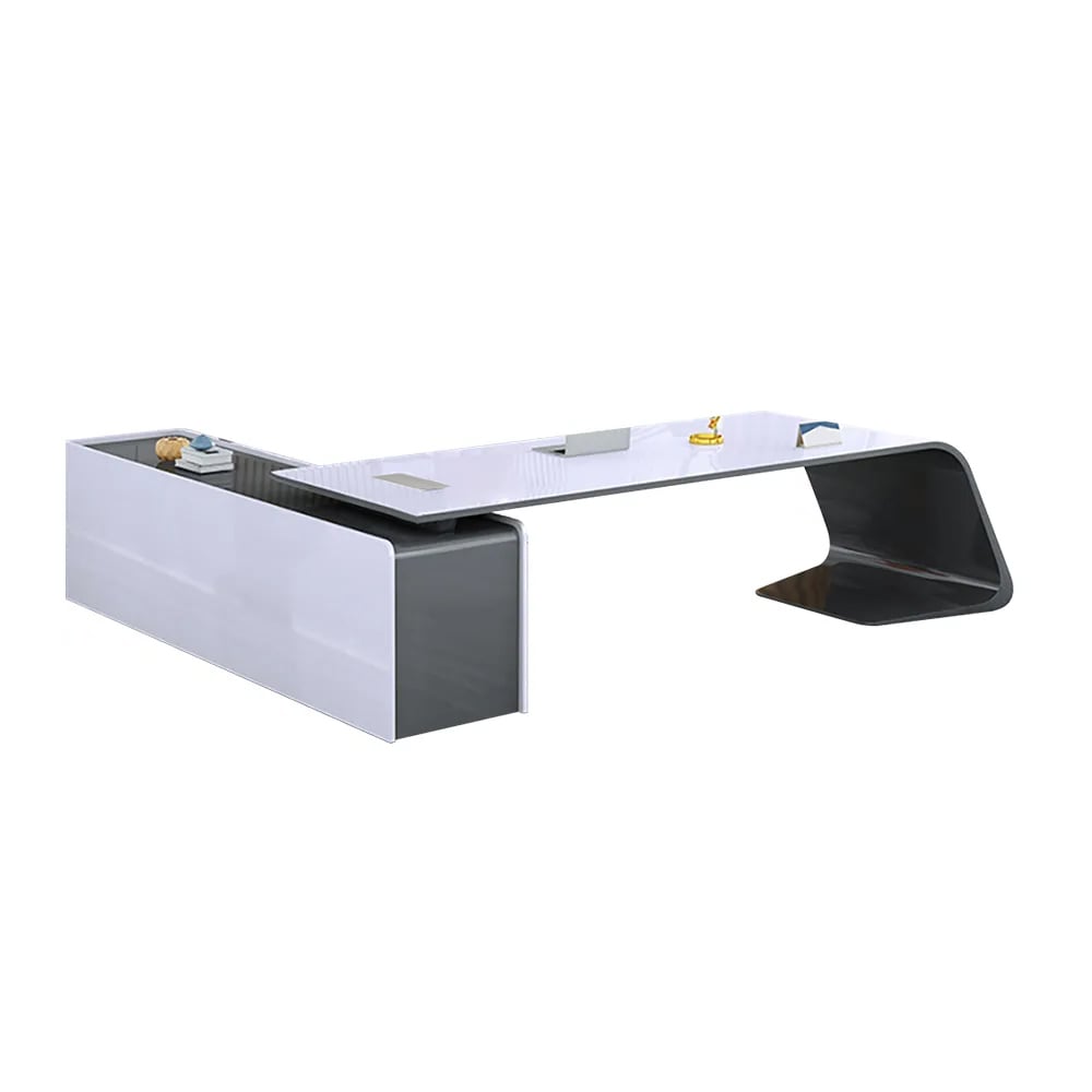 HMR L-Shaped Modern White Office Desk with Storage - Right Hand, 86.6"