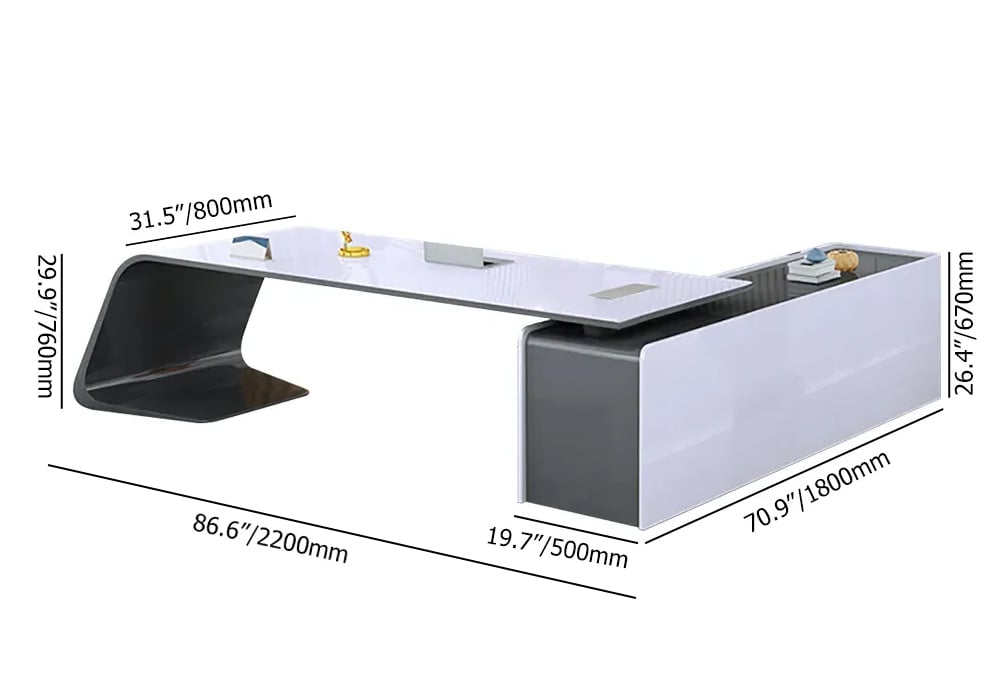 HMR L-Shaped Modern White Office Desk with Storage - Right Hand, 86.6"