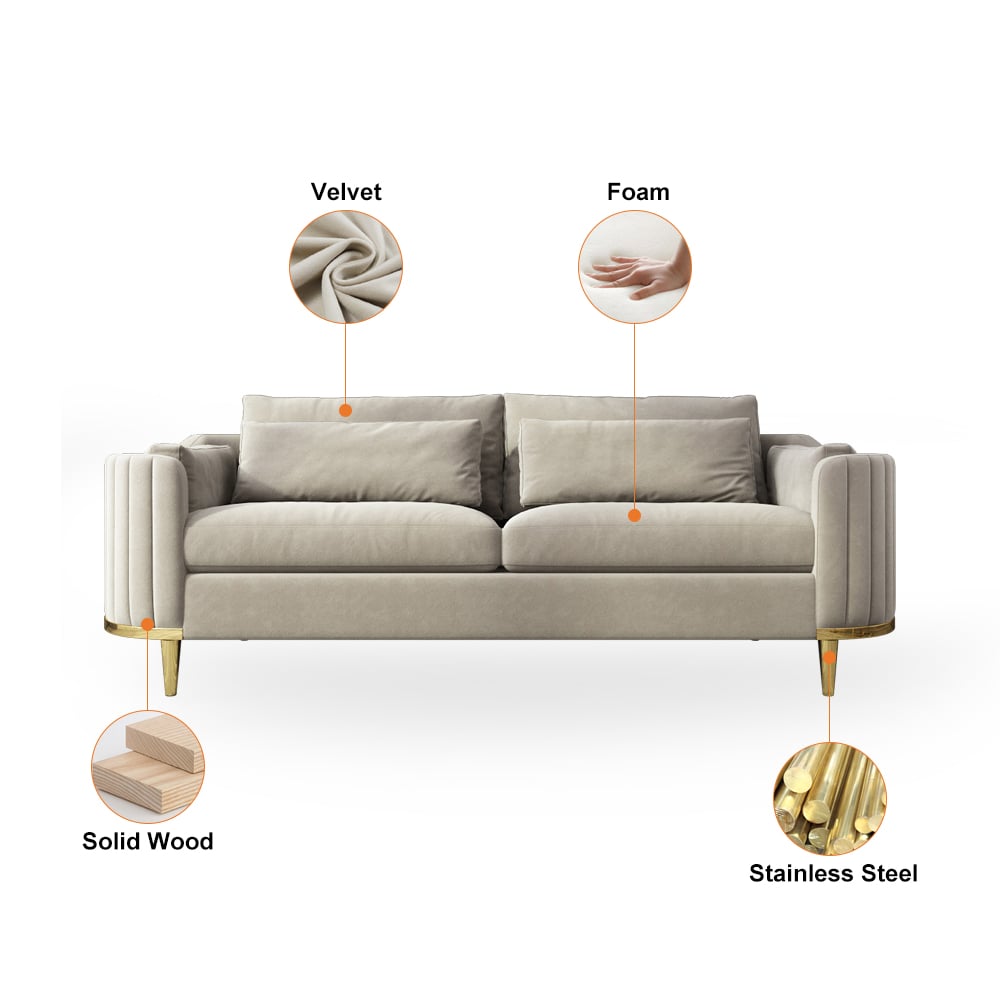 HMR - Modern Living Room Sets Gray Velvet Upholstered Chair & Loveseat & Sofa 3-Pieces