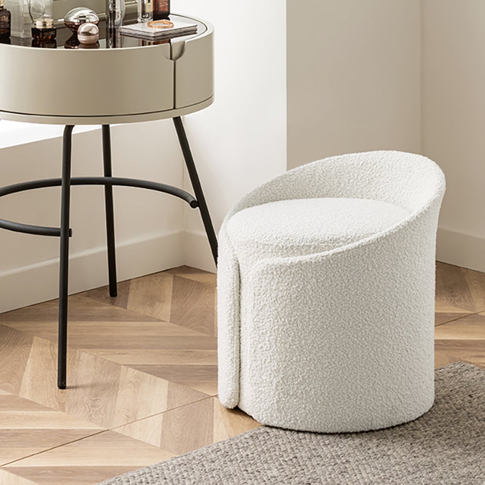 HMR - Modern White Round Lamb Wool Vanity Stool with Backrest