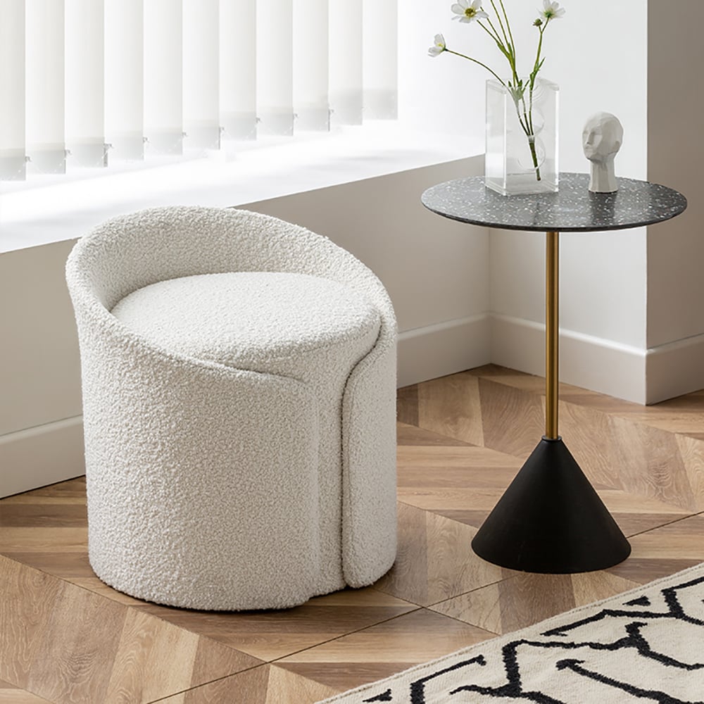 HMR - Modern White Round Lamb Wool Vanity Stool with Backrest