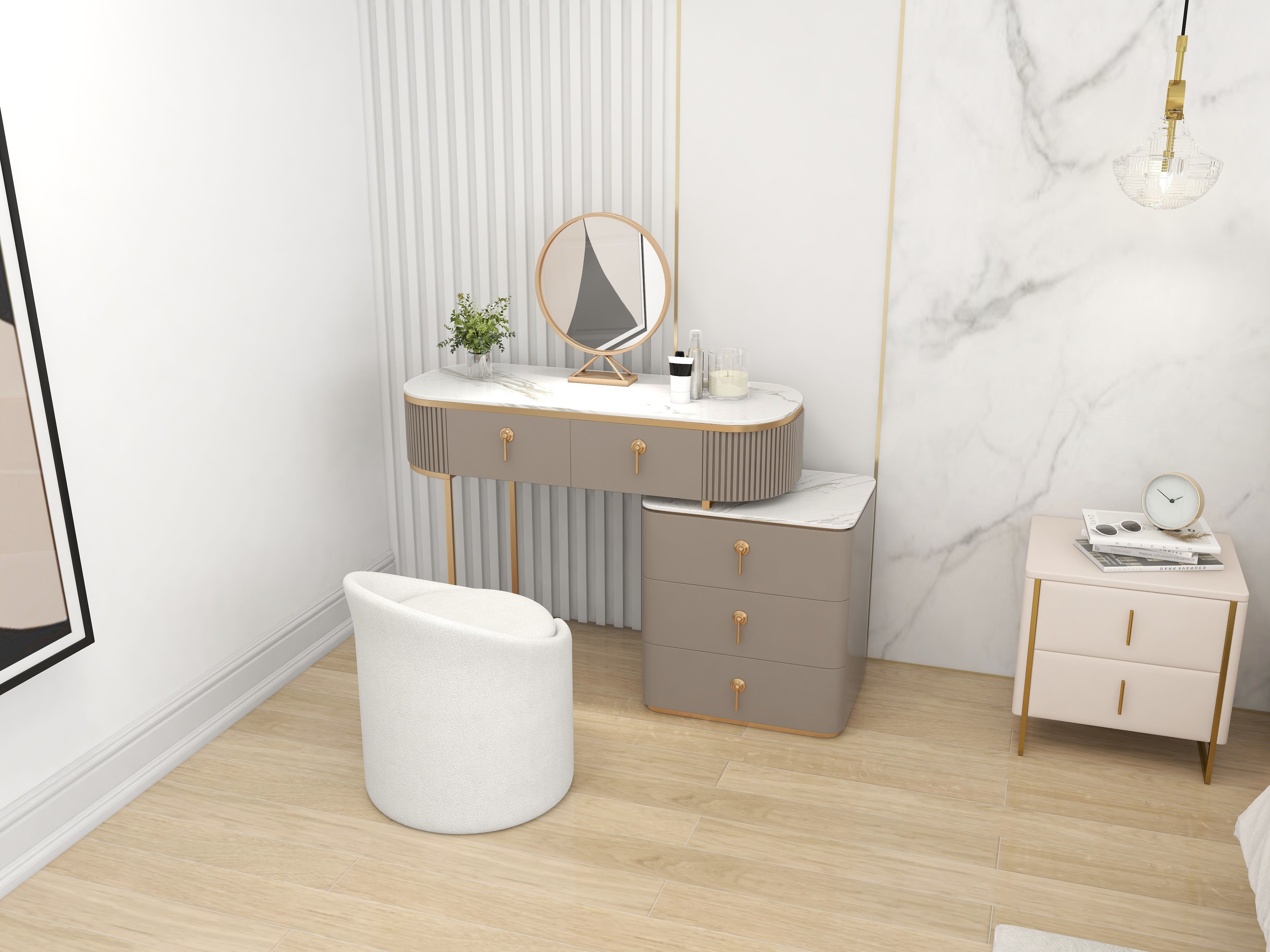 HMR - Modern White Round Lamb Wool Vanity Stool with Backrest