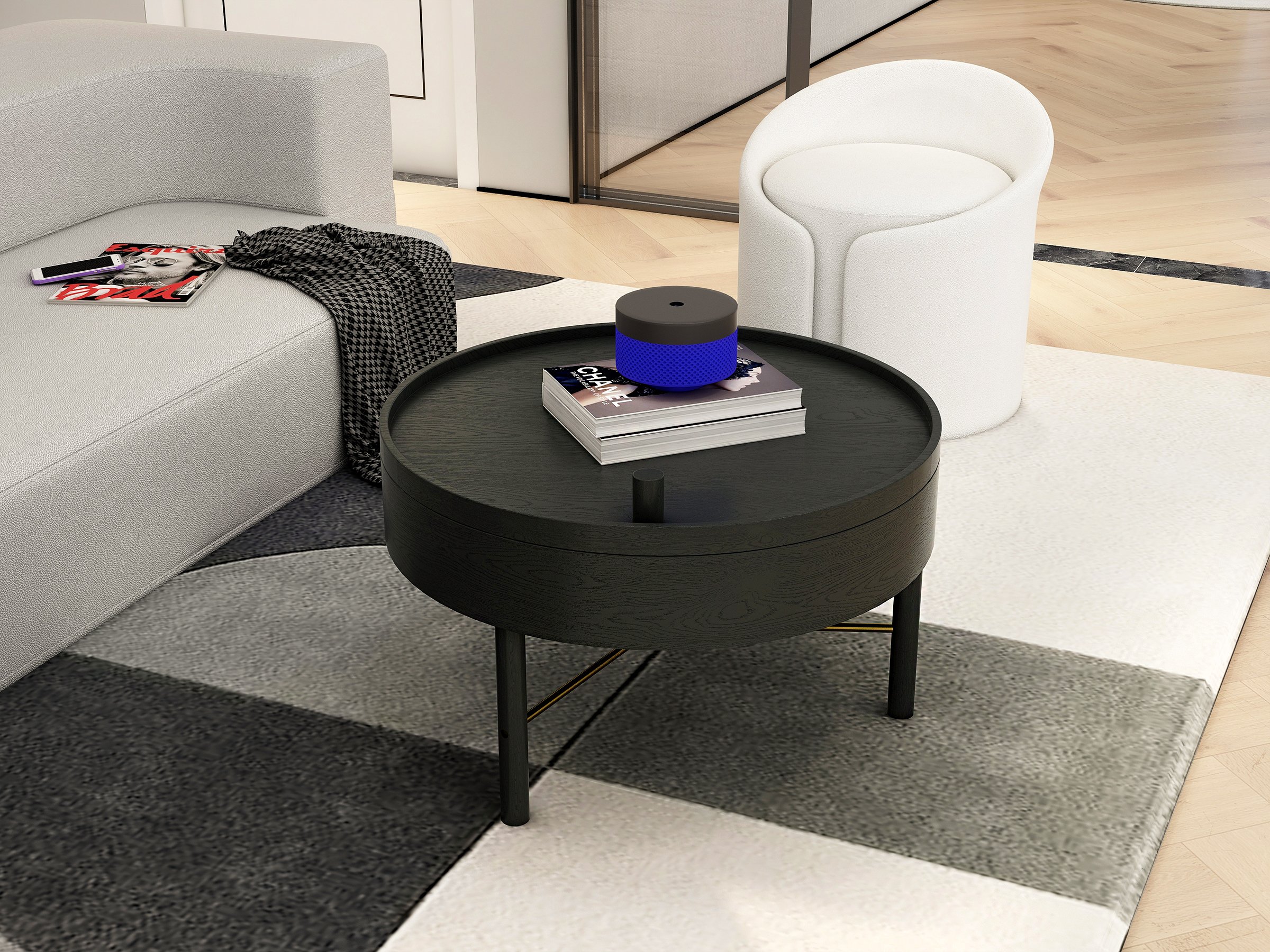 HMR - Modern White Round Lamb Wool Vanity Stool with Backrest