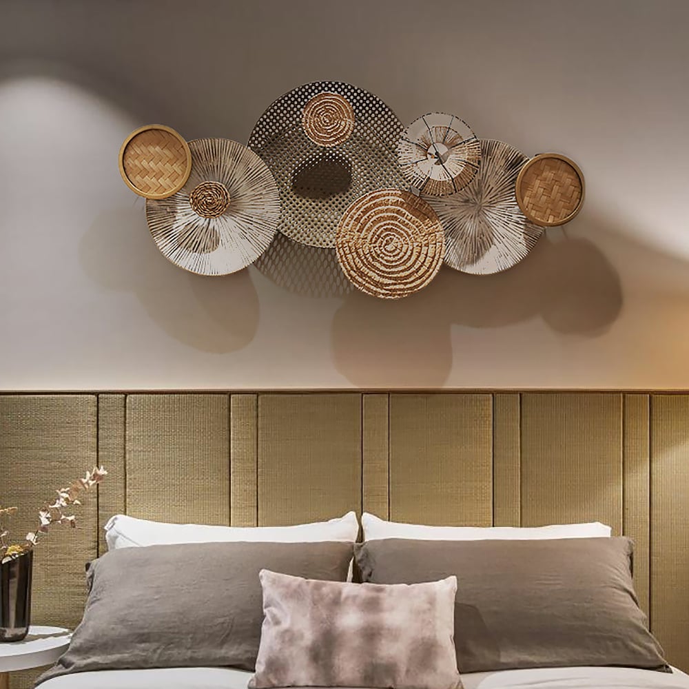 HMR - 49.6" Japandi Round Woven Rattan Large Wall Decor Overlapping Wooden Art for Living Room