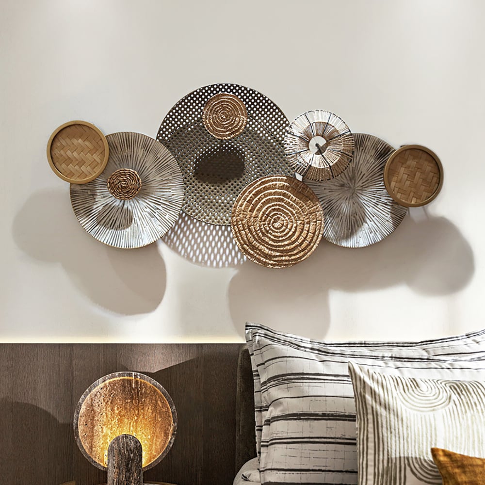 HMR - 49.6" Japandi Round Woven Rattan Large Wall Decor Overlapping Wooden Art for Living Room