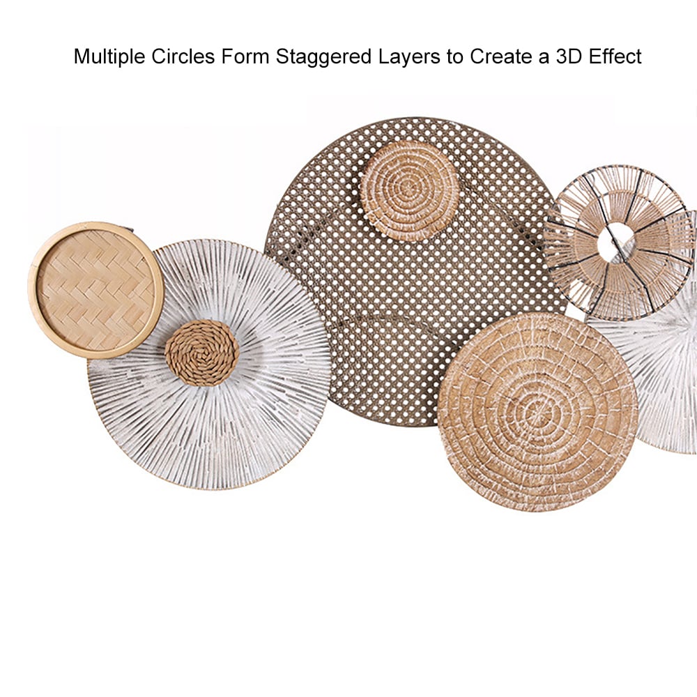 HMR - 49.6" Japandi Round Woven Rattan Large Wall Decor Overlapping Wooden Art for Living Room