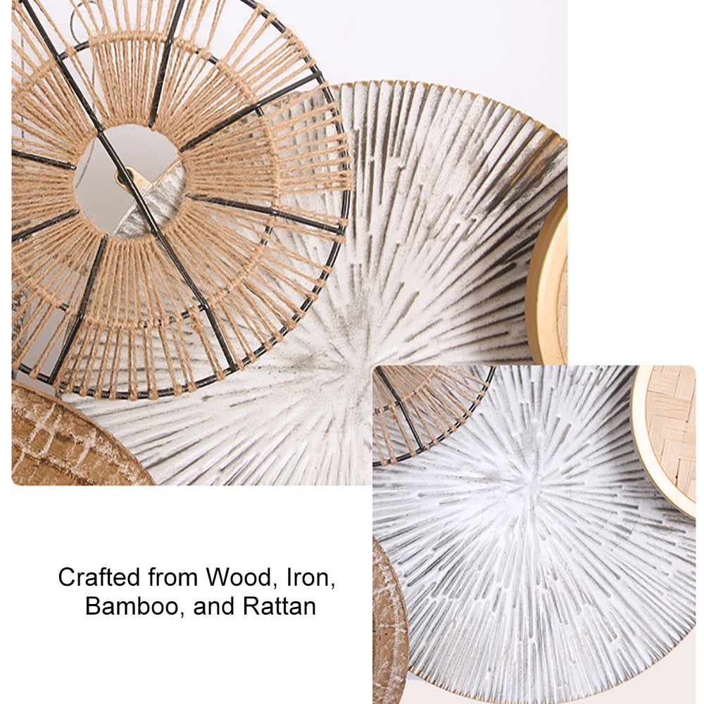 HMR - 49.6" Japandi Round Woven Rattan Large Wall Decor Overlapping Wooden Art for Living Room