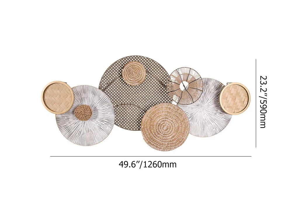HMR - 49.6" Japandi Round Woven Rattan Large Wall Decor Overlapping Wooden Art for Living Room