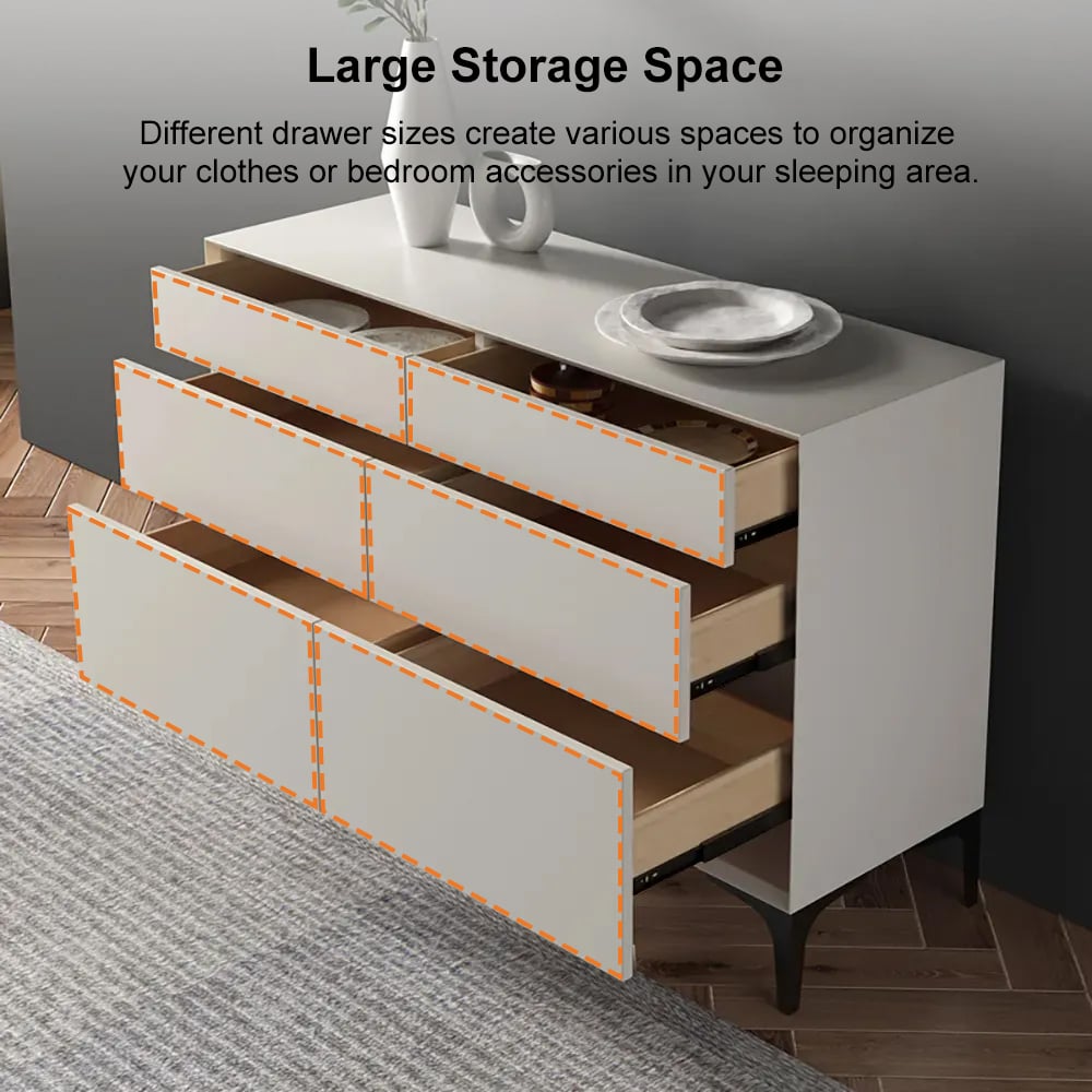 HMR - 47.2" Minimalist Off White Dresser Accent 6-Drawer Cabinet