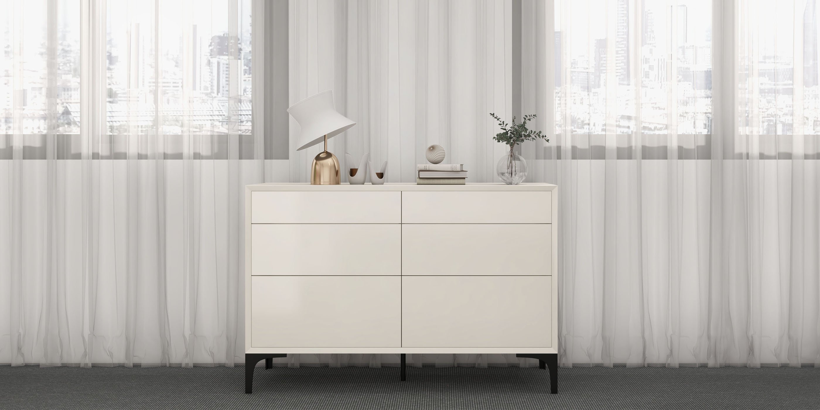 HMR - 47.2" Minimalist Off White Dresser Accent 6-Drawer Cabinet