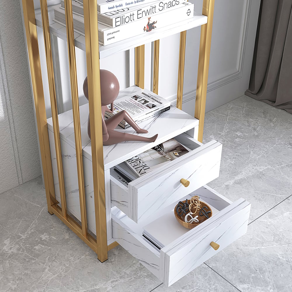 HMR - Modern White Storage Display Cabinet with Shelves & Drawers & Backboard