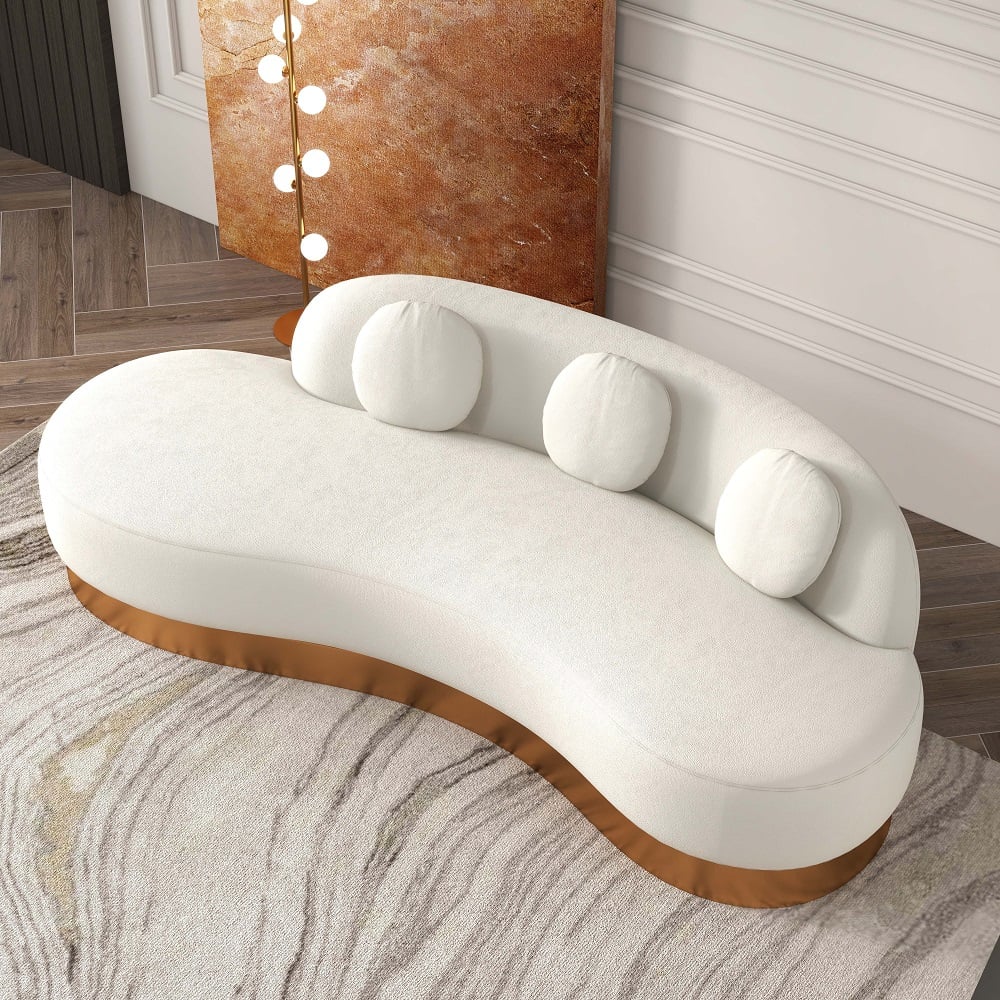 HMR - Modern White & Gold Velvet Curved Sofa for 3 Seaters with Pillows & Stainless Steel Base