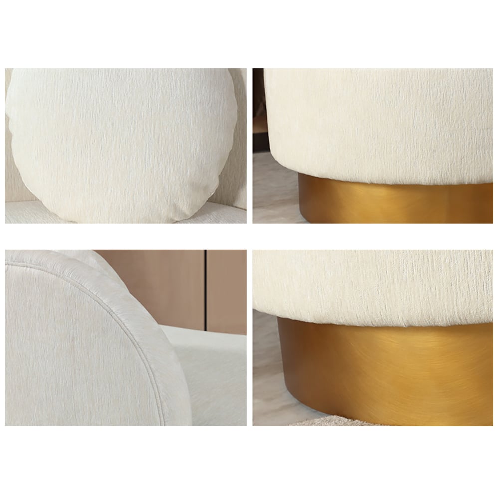 HMR - Modern White & Gold Velvet Curved Sofa for 3 Seaters with Pillows & Stainless Steel Base