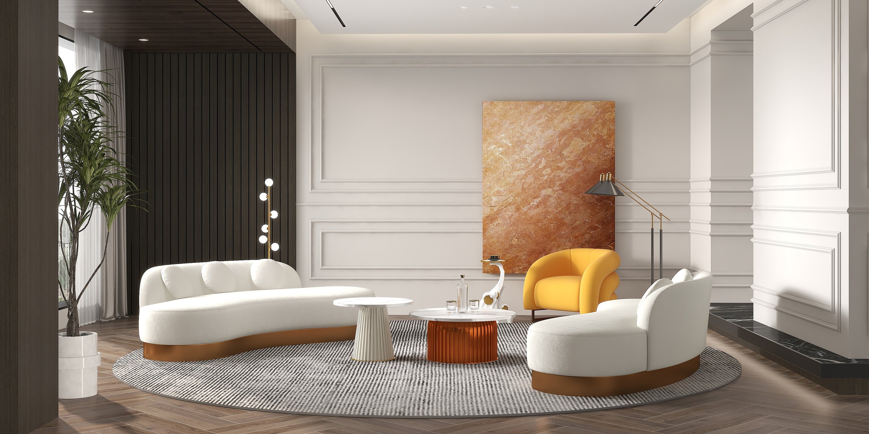 HMR - Modern White & Gold Velvet Curved Sofa for 3 Seaters with Pillows & Stainless Steel Base