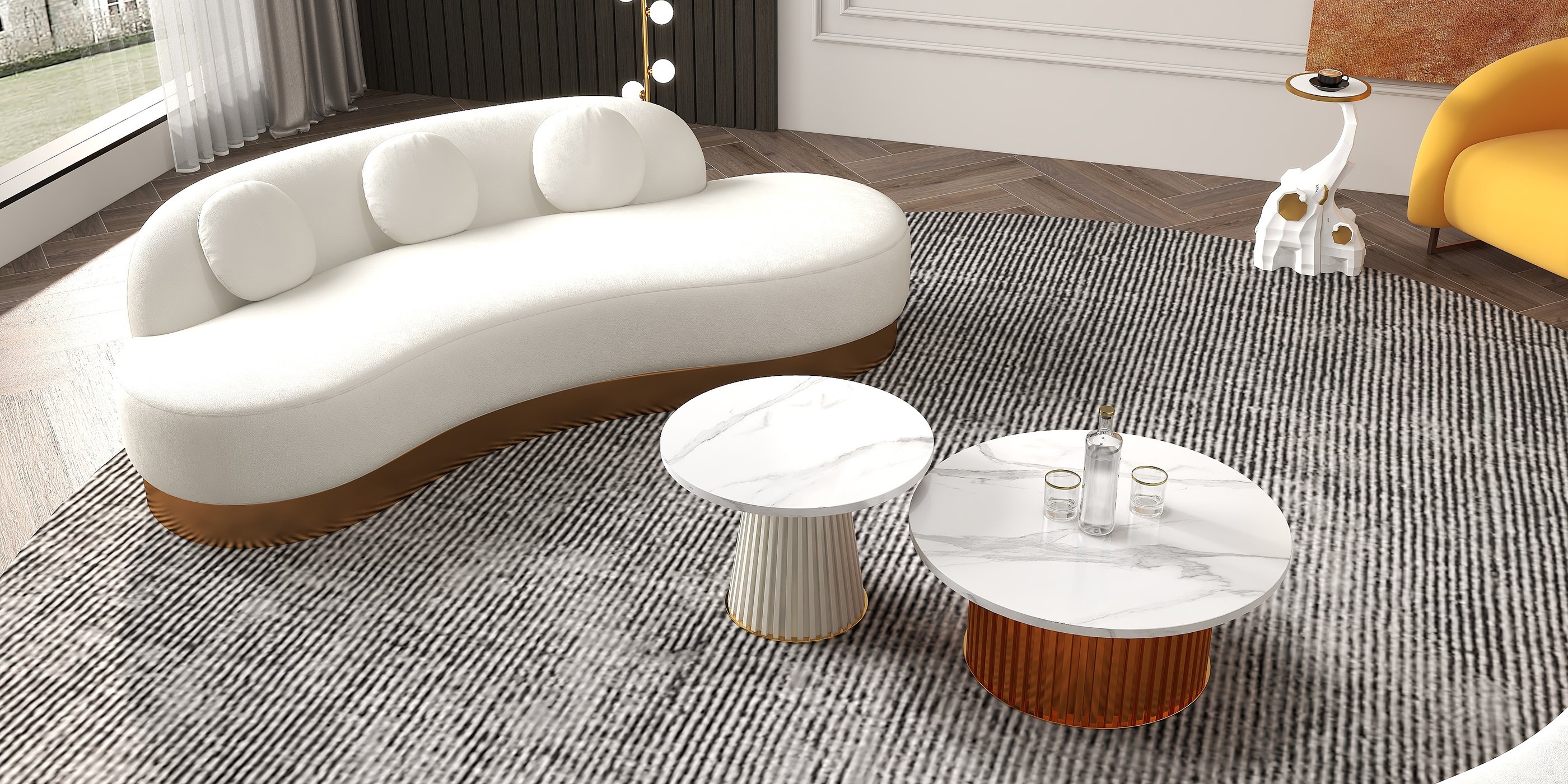 HMR - Modern White & Gold Velvet Curved Sofa for 3 Seaters with Pillows & Stainless Steel Base